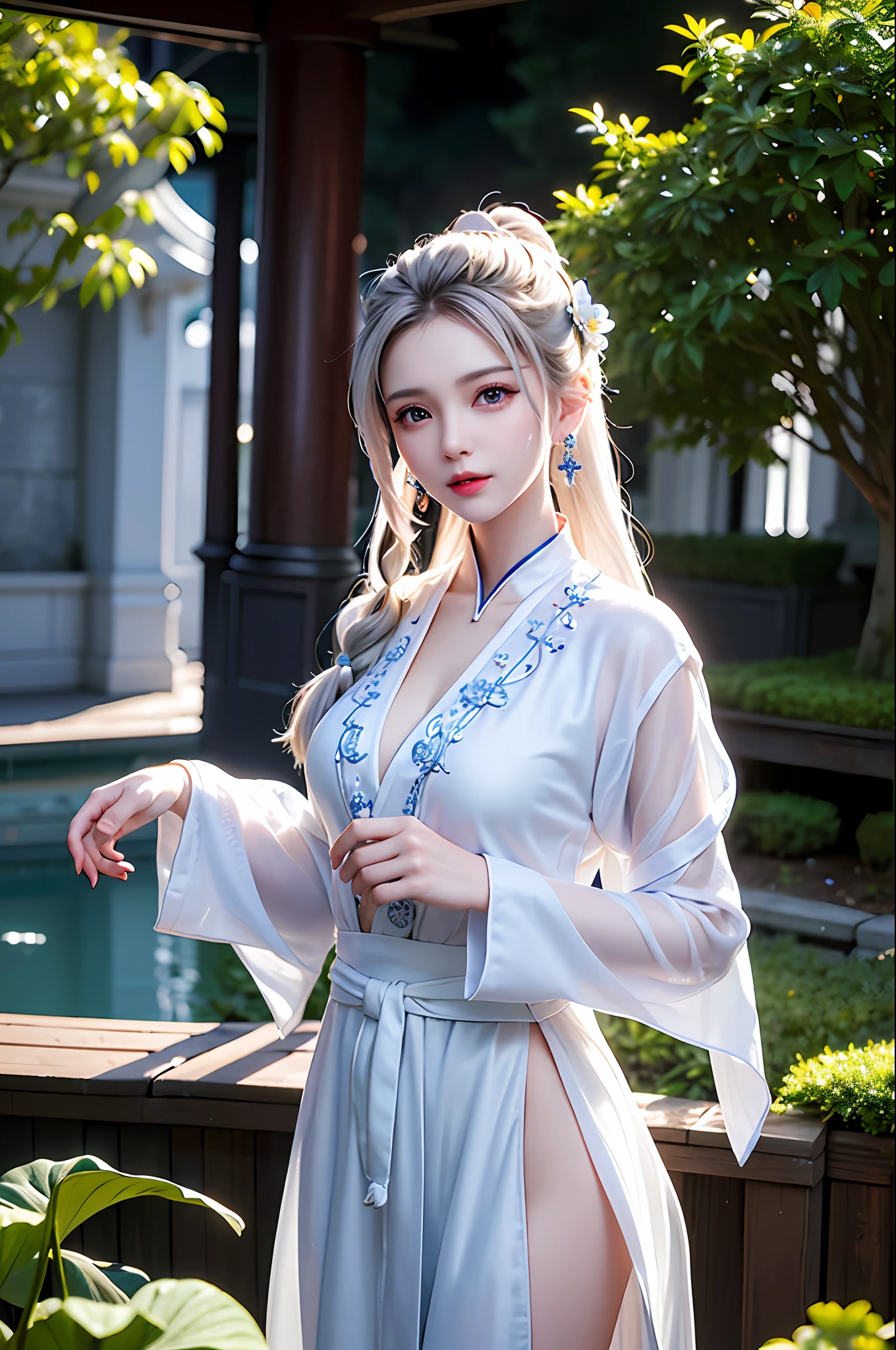 (best quality, masterpiece:1.2), ultra high res, front lighting, intricate detail, Exquisite details and textures, 1girl, solo ,(young), face highlight, upper body, detailed face, tear mole, shiny skin, silver hair, ponytail, braid hair, looking at viewer, big blue eyes, silk robe, (hollow pattern, white, silk), earrings, small breasts, slim body,(white robotic trunk:1.2), east asian architecture, riverside, a lotus leaf, a lotus flower, forest, professional lighting, photon mapping, radiosity, physically-based rendering,