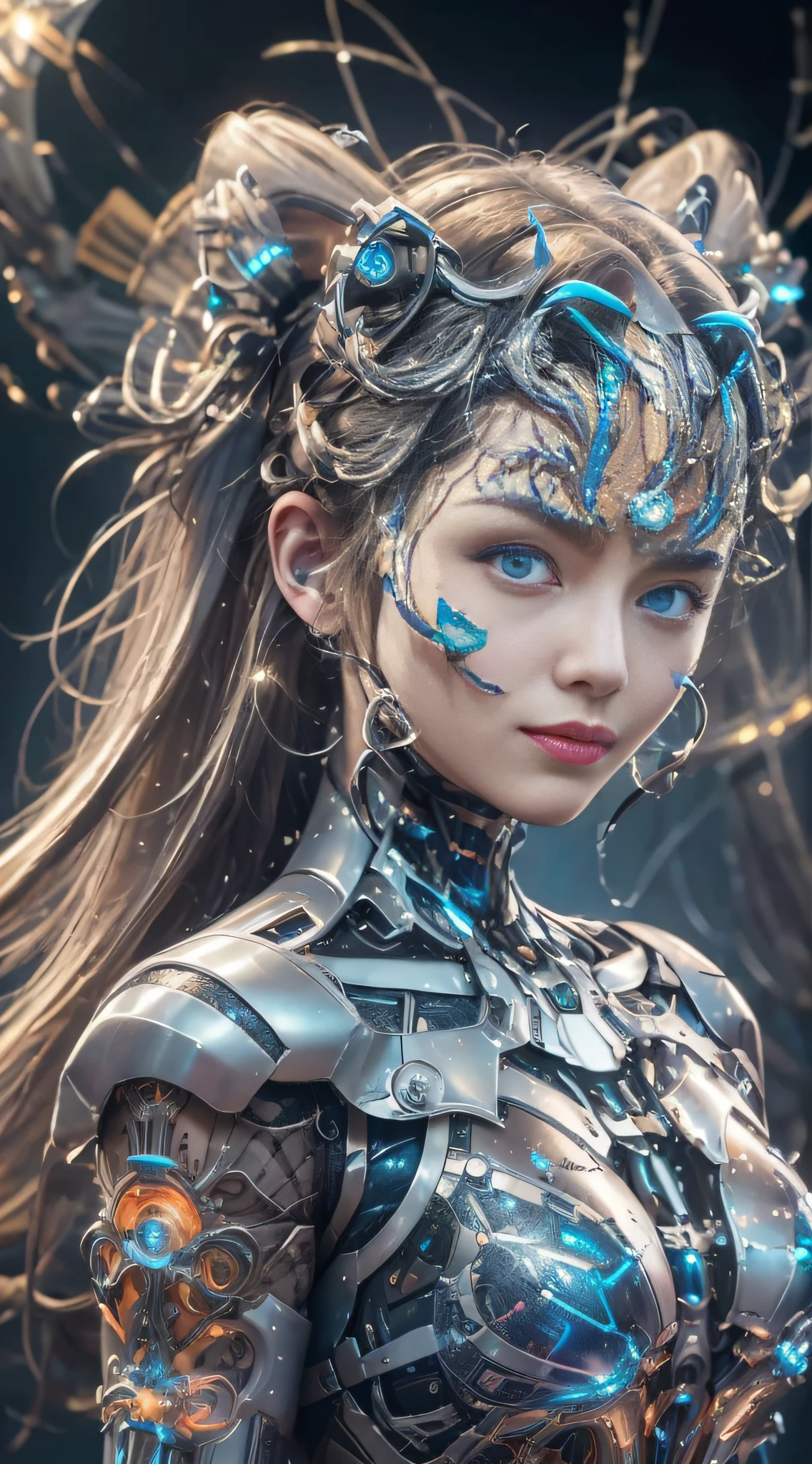 Masterpiece, best quality, super detailed, very detailed illustrations, very detailed, intricate details, high resolution, super complex details, very detailed 8k cg wallpaper, 50MM lens, caustics, reflections, ray tracing, nebulae, dark halos, network effects, (1girl:1.4), solo, alone, mecha musume, mechanical parts, robot joints, single mechanical arm, headgear, mechanical halo, star halo, electric mechanical bodysuit, mecha corset, kimono, full armor, very long hair, white hair, hair between eyes, multicolored hair, blue eyes, glowing eyes, random expression, random action, ancient chinese architecture, starry sky, skyline,