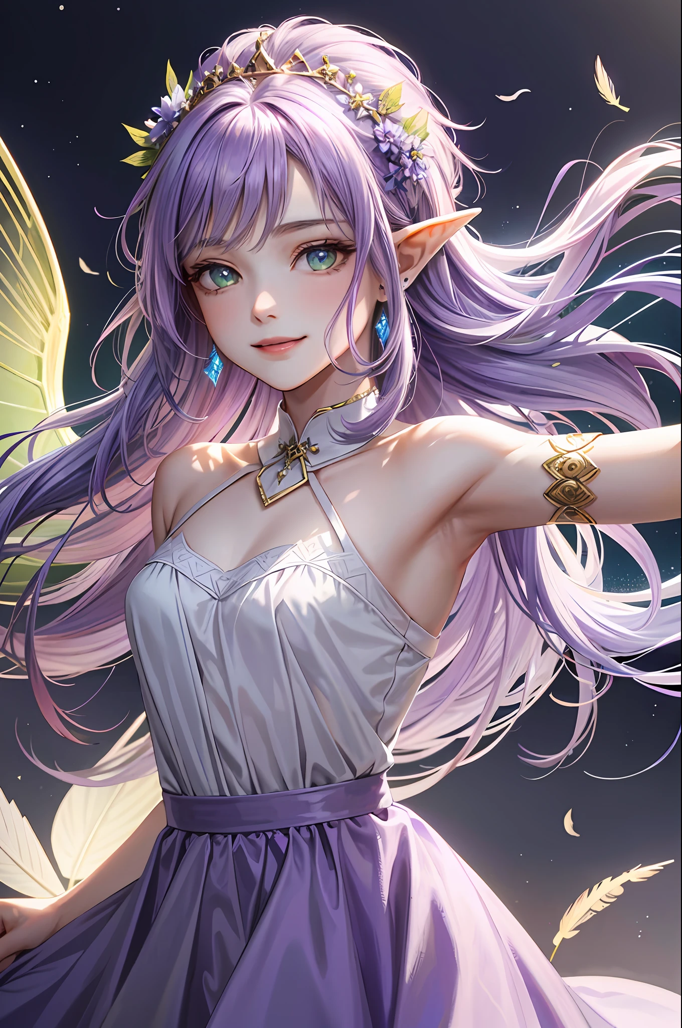 Fairy wings, (face focus), (1 girl, female, female, solo, pale skin, cute), (straight hair, purple hair, green eyes, cute face, smile), fairy wings, pale purple long dress, lavender flowers, fairy, elf ears, fairy wings, golden tiara, lavender, lavender hair ornament, lavender field, vast sky, blue sky, happy aura, earrings, feathers on the back