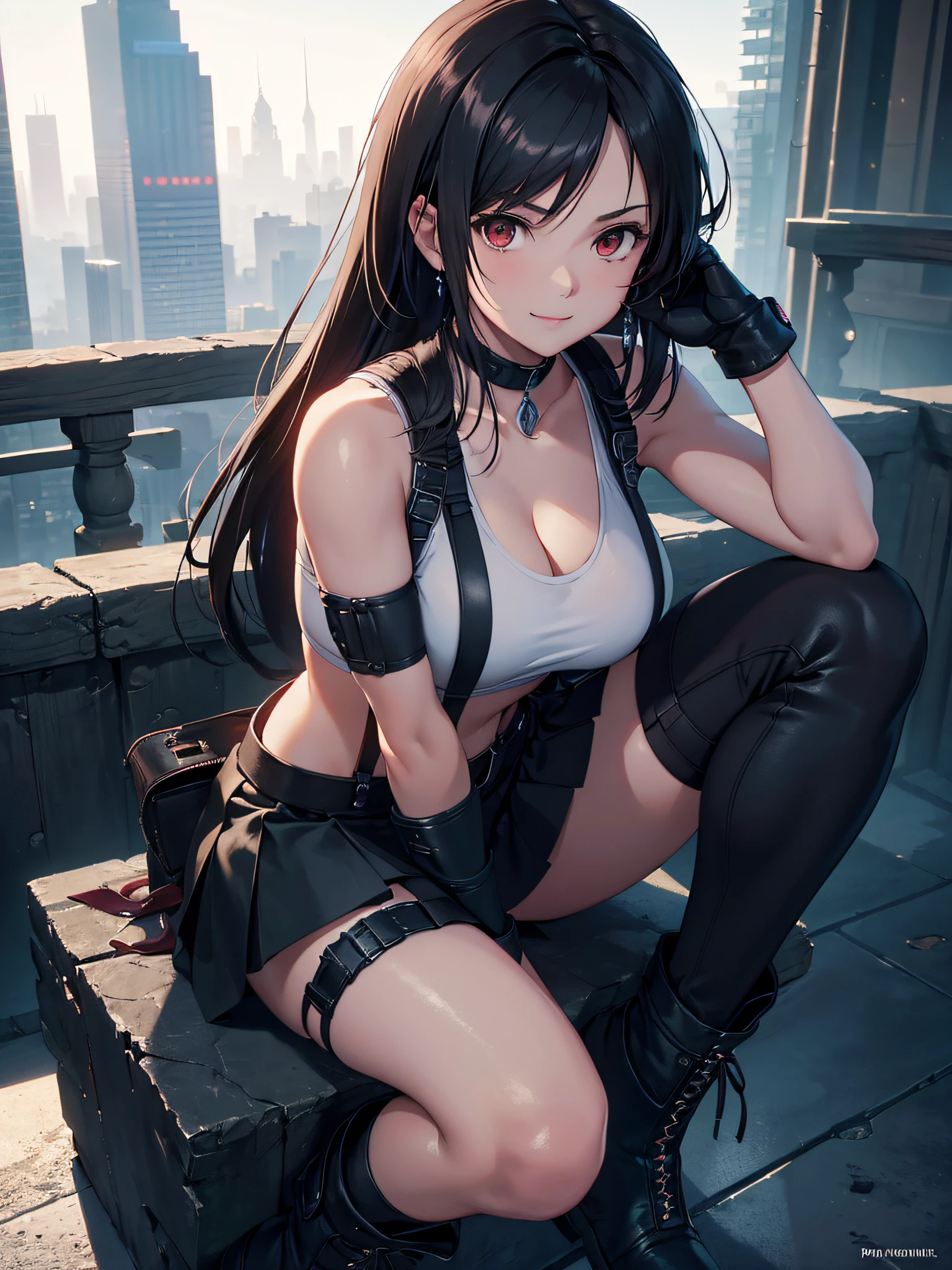(8K, Best Quality, Masterpiece: 1.2), (Realistic, Photorealistic: 1.37), Super Detail, One Girl, Cute, Solo, (Tifa Lockhart), (Big Breasts), (Beautiful Eyes), (Smile: 1.2), (Closed), Model Pose, Green Neon, Cityscape, Depth of Field, Dark and Strong Shadows, Sharp Focus, Motion Blur, Depth of Field, Composition, Final Fantasy VII, Date, (Nose Brush), Single Elbow Pads, Ankle Boots, Black Hair, Red Boots, Elbow Gloves, Elbow Pads, Fingerless Gloves, Sports Bra, Black Skirt (Suspenders), White Tank Top: 1.5, Full Body, Headrest, Beauty Face, Low Tie Long Hair, (red_eyes), (Night: 1.3), Complex, Cinematic Lighting, Photon Mapping, Radiosity, Physically Based Rendering, (Tetsuya Nomura Style), Perfect Breast, Cleavage: 1.2,