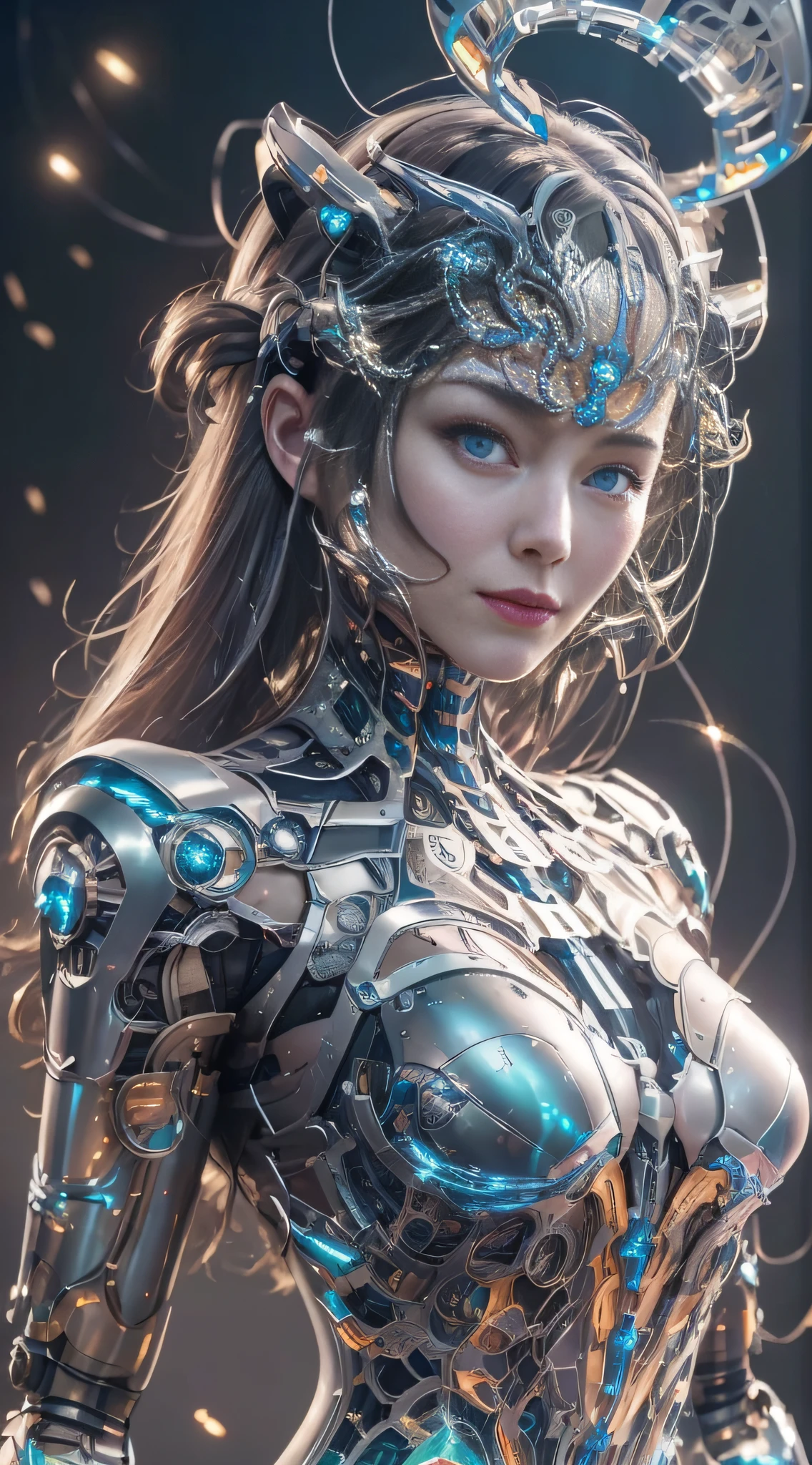 Masterpiece, best quality, super detailed, very detailed illustrations, very detailed, intricate details, high resolution, super complex details, very detailed 8k cg wallpaper, 50MM lens, caustics, reflections, ray tracing, nebulae, dark halos, network effects, (1girl:1.4), solo, alone, mecha musume, mechanical parts, robot joints, single mechanical arm, headgear, mechanical halo, star halo, electric mechanical bodysuit, mecha corset, kimono, full armor, very long hair, white hair, hair between eyes, multicolored hair, blue eyes, glowing eyes, random expression, random action, ancient chinese architecture, starry sky, skyline,