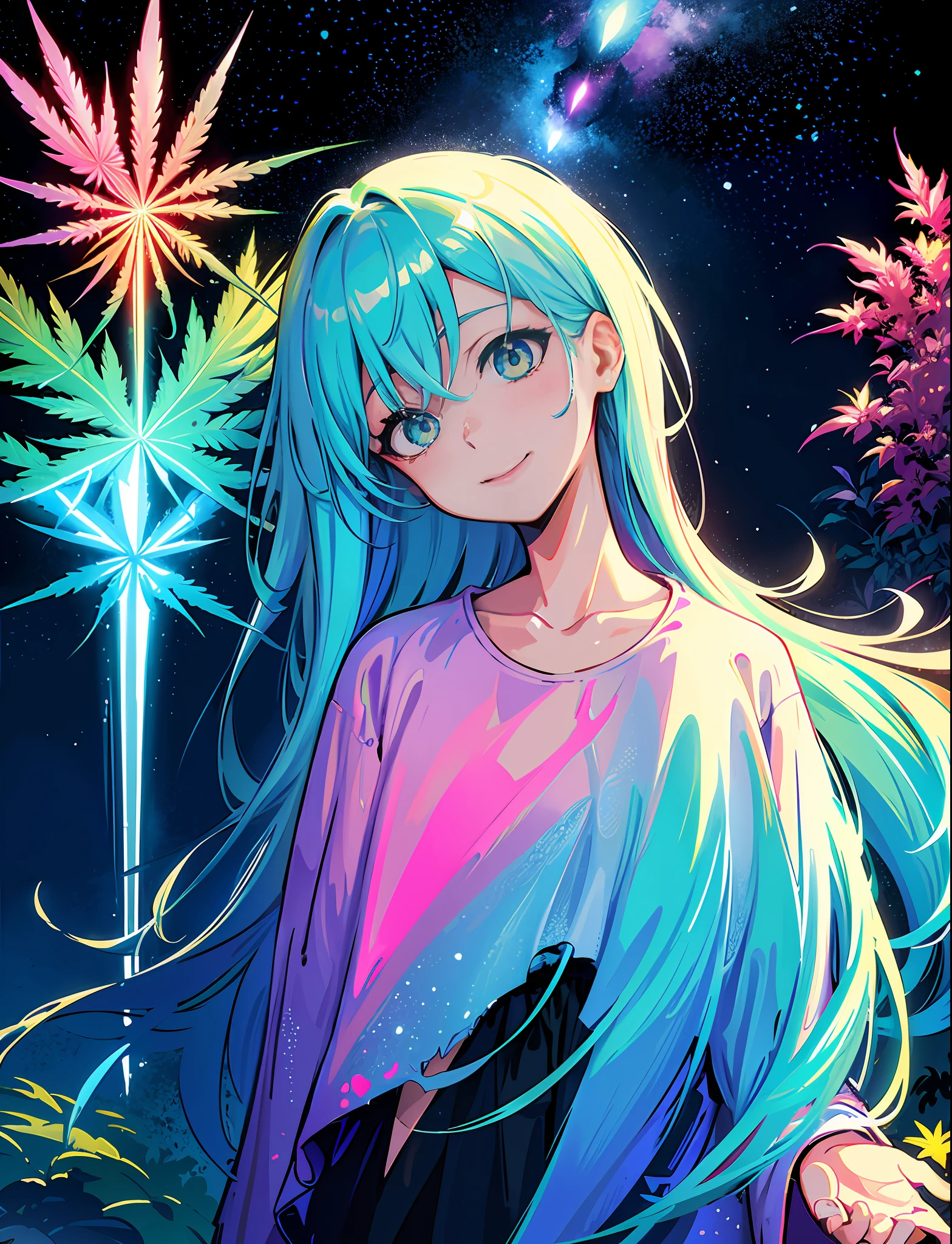 A steep chic train on a wet road. ,neon lights, neon galaxies, huge crystal moon, starry sky,,happy, peaceful, , in love Hemp, leaf,marijuana,cannabis,((illustration)), colorful, wallpaper, energy, secret,