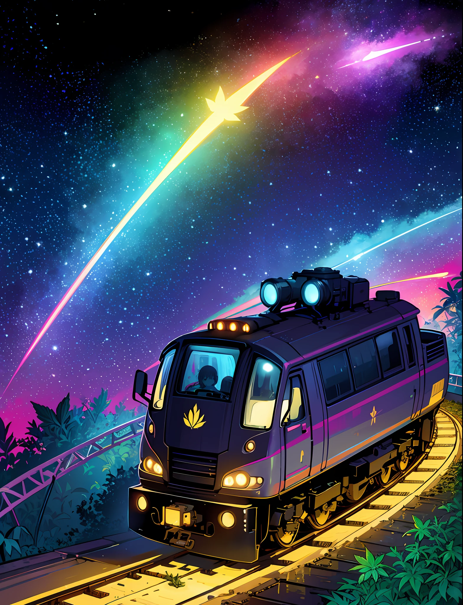 A steep chic train on a wet road. ,neon lights, neon galaxies, huge crystal moon, starry sky,,happy, peaceful, , in love Hemp, leaf,marijuana,cannabis,((illustration)), colorful, wallpaper, energy, secret,