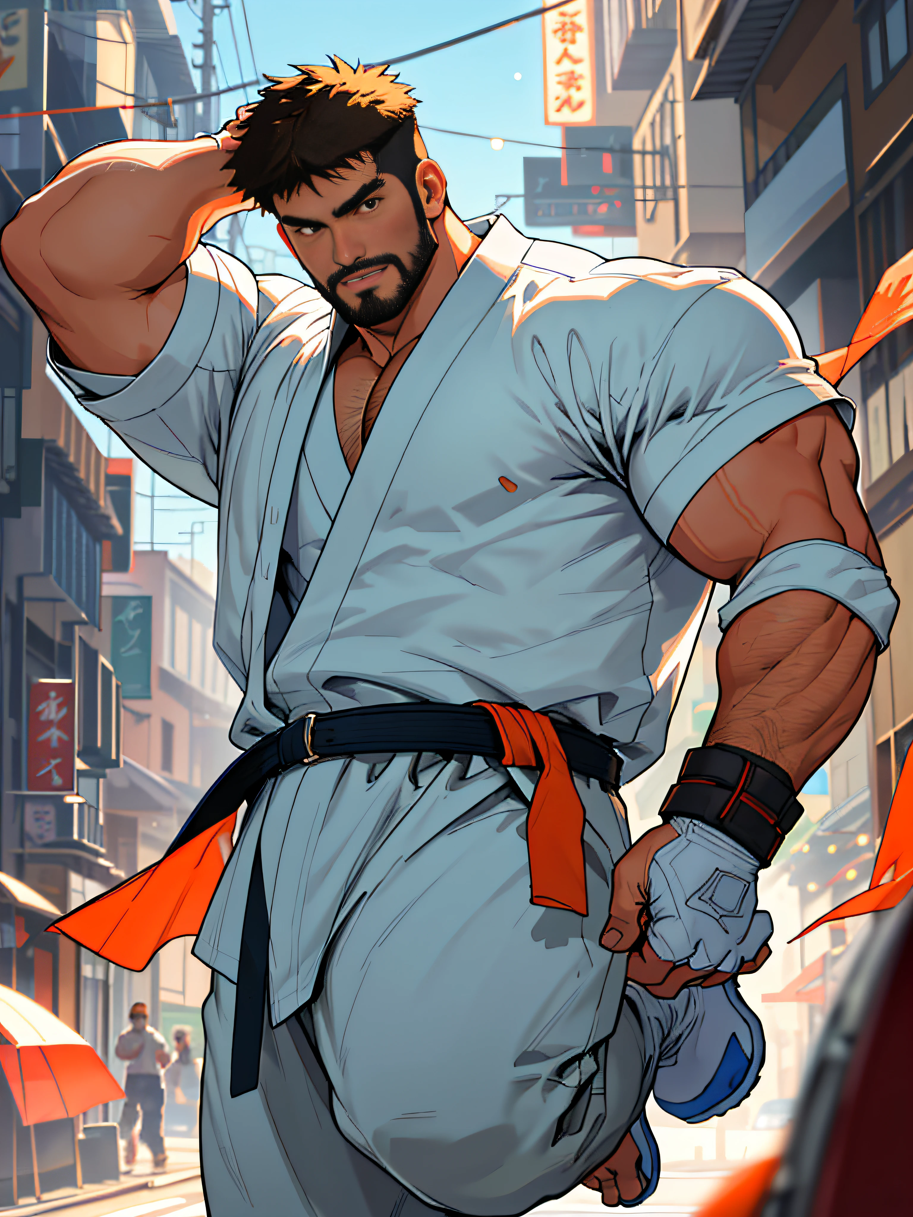 best quality, masterpiece, super high resolution, detailed background, realism, illustrations, single, 1 boy, street, muscle, volumetric lighting, depth of field, facial hair, ryu, ( fist raised above head and jumped), white clothes,orange belt,