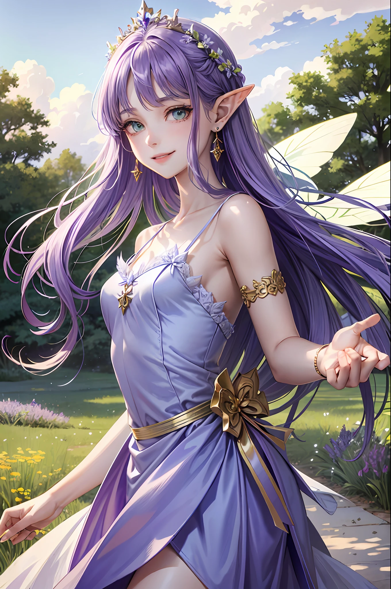 Fairy wings, (face focus), (1 girl, female, female, solo, pale skin, cute), (straight hair, purple hair, green eyes, cute face, smile), fairy wings, pale purple long dress, lavender flowers, fairy, elf ears, fairy wings, golden tiara, lavender, lavender hair ornament, lavender field, vast sky, blue sky, happy aura, earrings, feathers on the back