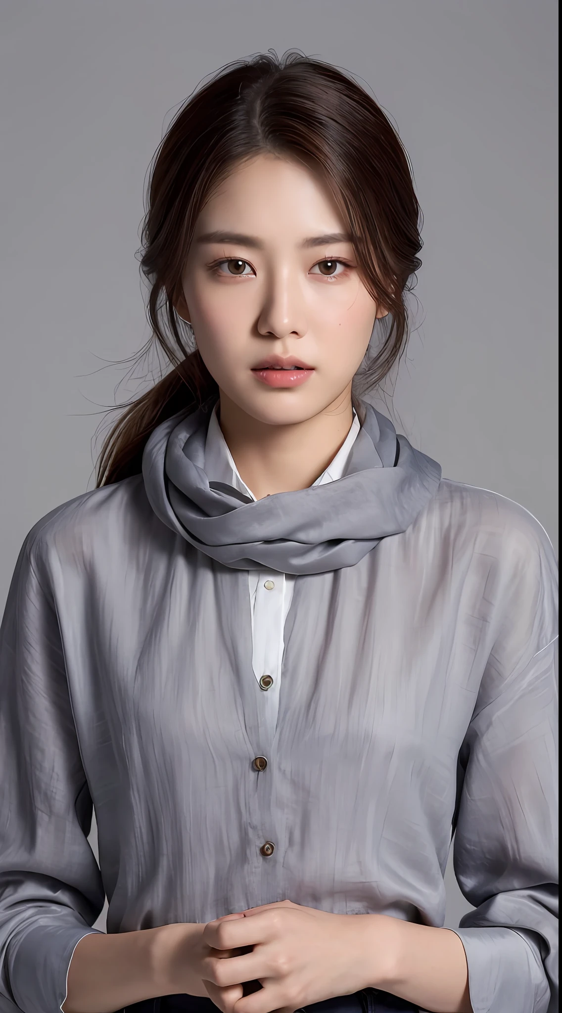 ((Best quality, 8k, Masterpiece :1.3)), Sharp focus :1.2, A pretty woman with perfect figure :1.4, Slender abs :1.2, ((Dark brown hair,breasts :1.2)), (white long formal shirt)(buttoning up his shirt.), grey background:1.2, Highly detailed face and skin texture, Detailed eyes, Double eyelid,fashion model posing,cowboy shot,white pants,,(wears a gray scarf around his neck.)