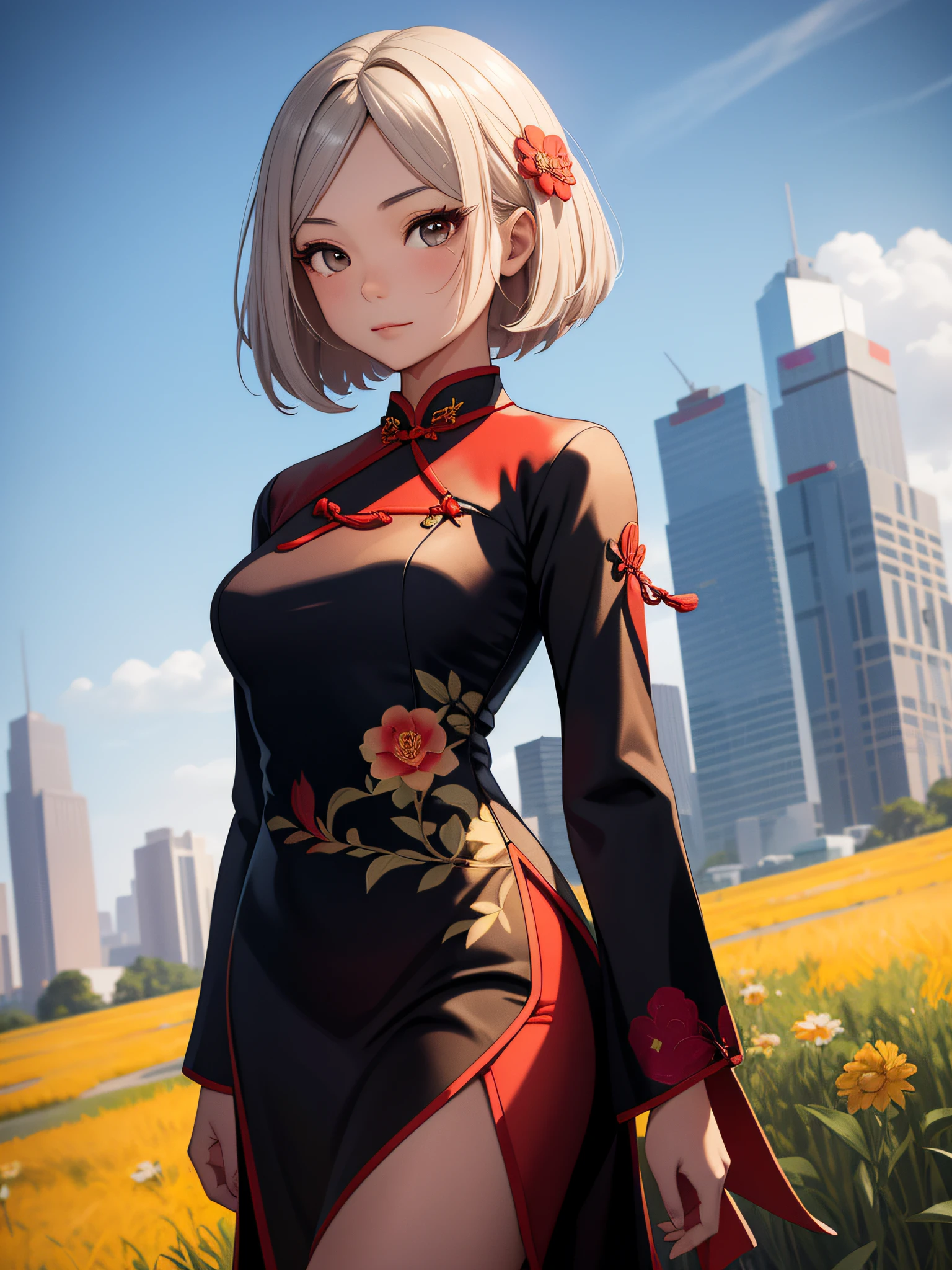 A girl in a cheongsam, with three-dimensional facial features and a tall figure, he stood on the prairie
