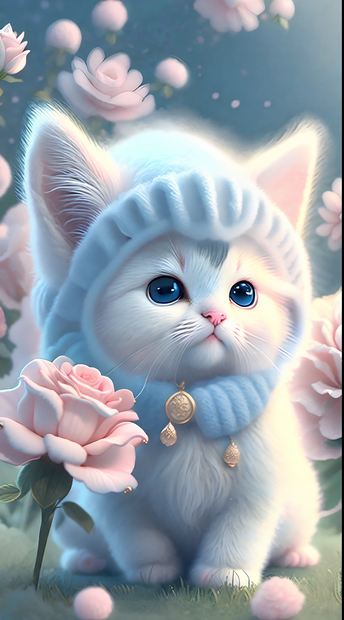 In this ultra-detailed CG art, cute kittens surrounded by ethereal roses, laughter, best quality, high resolution, intricate details, fantasy, cute animals, left, funny, left!! Mouth!!! Laugh!!