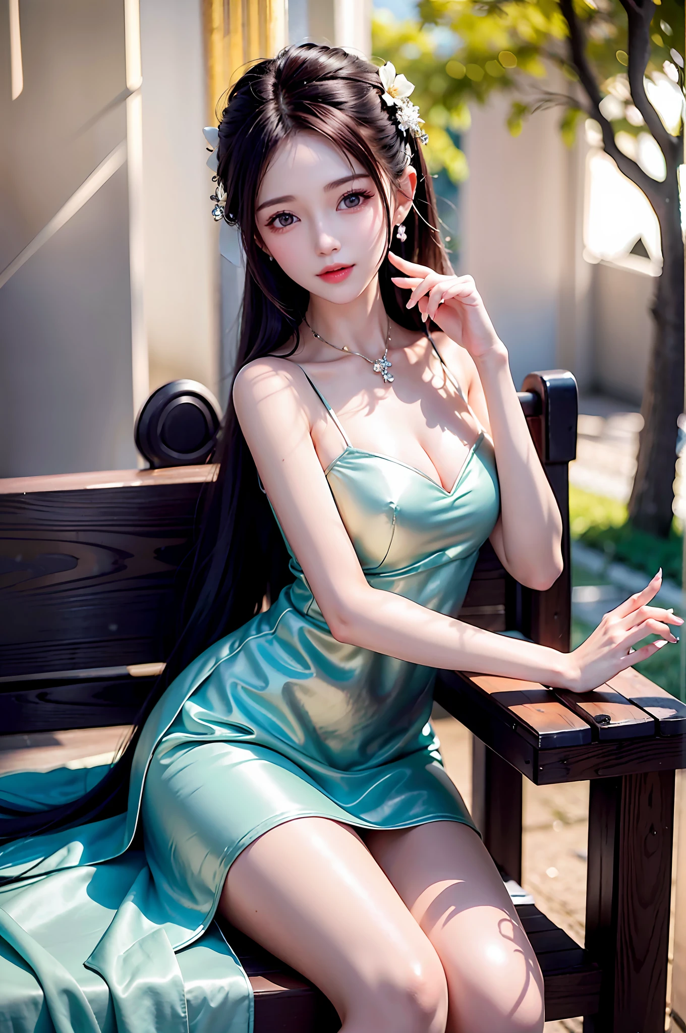 A beautiful and charming woman, leaning alone on a bench, under the light of the fire, her complexion is crystal clear like jade, like a crescent moon, like flowers and trees piled up with snow. When it is tactful, it is glamorous.