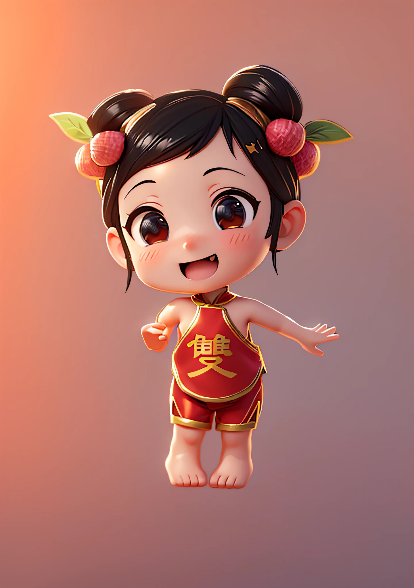 (Masterpiece: 1.3), (Best Quality: 1.3), (Masterpiece: 1.3), (Best Quality: 1.3), (8k wallpaper), (Ultra High Resolution), Full Body, (Bicephal: 2), (Natural Skin Texture), (Beautiful and Beautiful), (Very Detailed CG, Intricate Details), White Background, (White Background: 1.5), .pixar, 3D, C4D, blender, 1 Girl, Cute, Happy Face, Black Hair, Solo, Chibi, Hair Ornament, .Chibi, (Lychee: 0.5), (Double Lychee: 0.2), (Chinese Style: 1.5), Hanfu, (Red Bib), (Red Shorts), Painted Gold Rim, Sleeveless, Barefoot.
