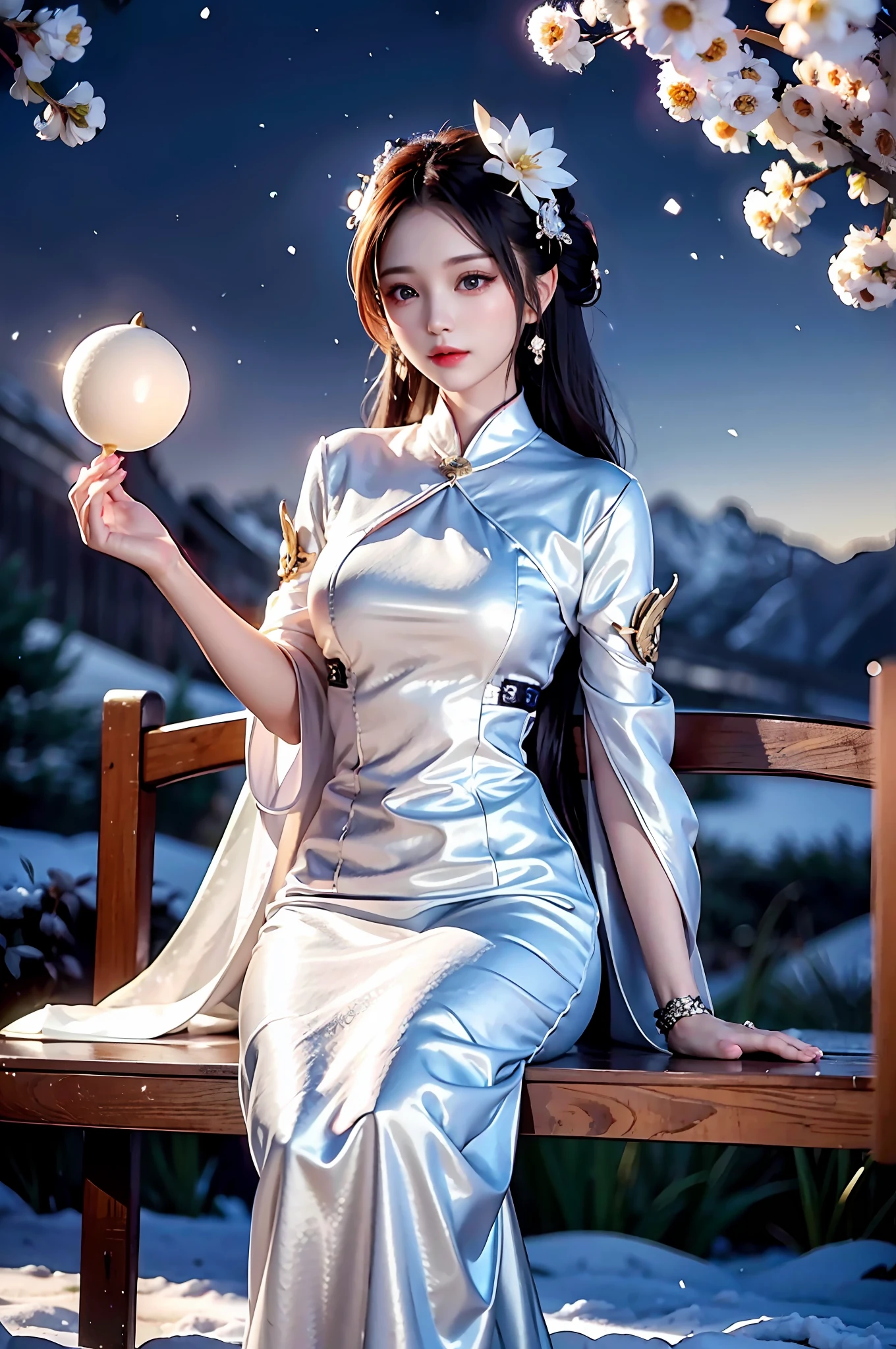 A beautiful and charming woman, leaning alone on a bench, under the light of the fire, her complexion is crystal clear like jade, like a crescent moon, like flowers and trees piled up with snow. When it is tactful, it is glamorous.