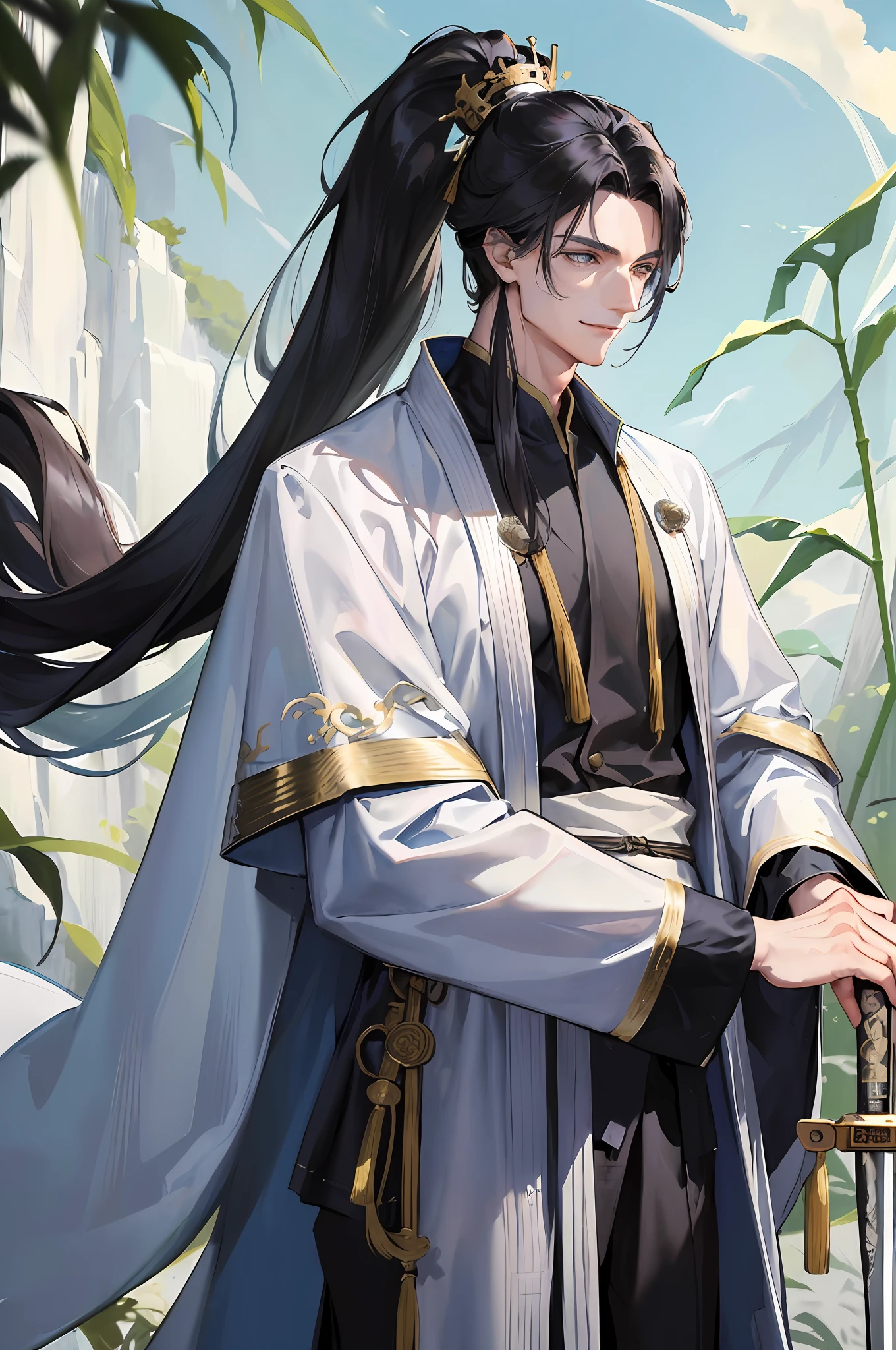 Masterpiece, superlative, a man, smiling, holding a long sword, chinoiserie, ancient Chinese, black hair, gray-blue eyes, split ends, long hair, long bangs, high ponytail, golden crown, handsome, masculine, gentle, tall, quiet, white robe, outdoors, bamboo forest, branches, wind comfort, young man, steady expression