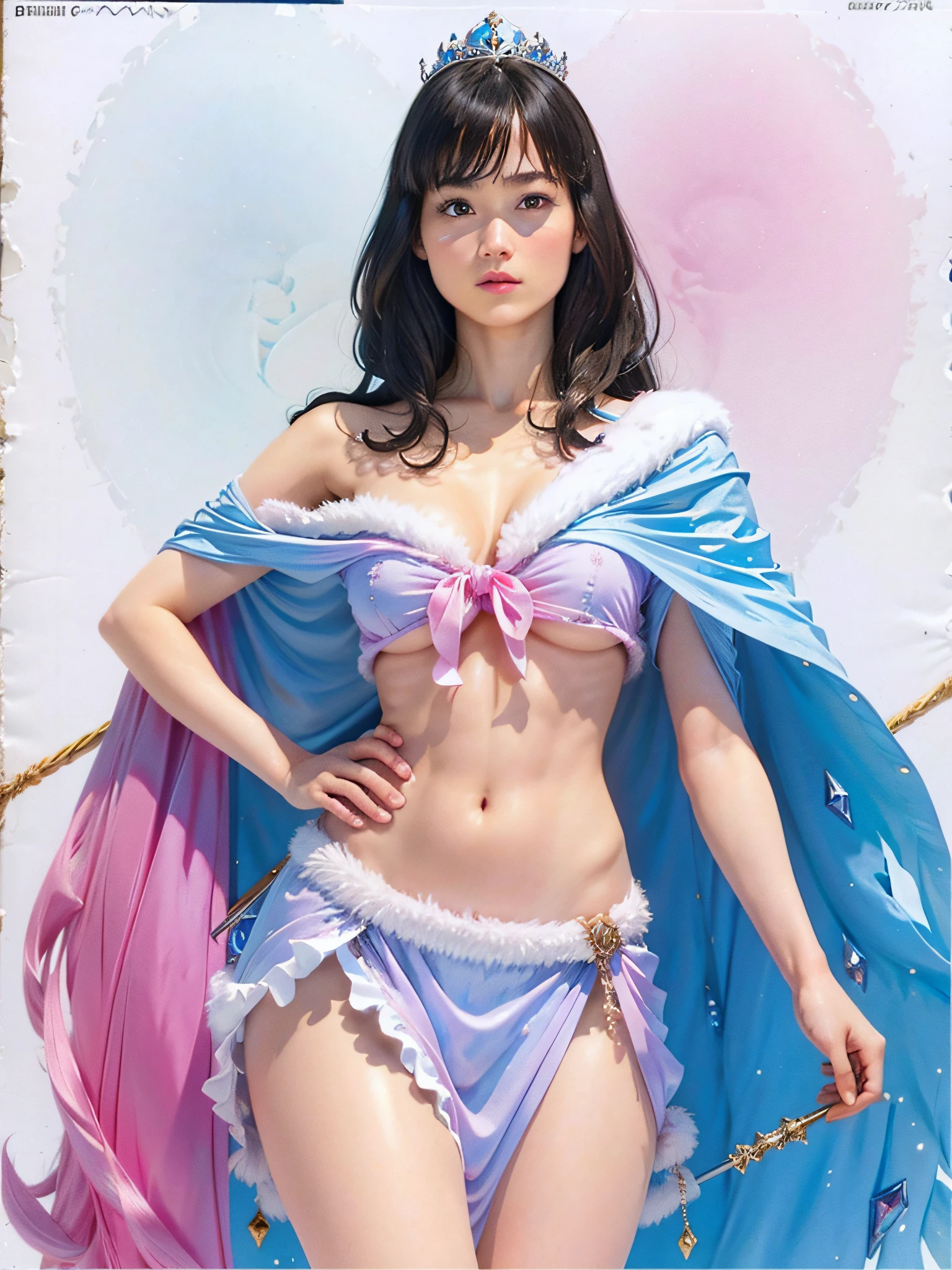 (Masterpiece, Top Quality, Top Quality, Official Art, Beautiful and Aesthetic: 1.2), RAW Photos, (Highly Detailed Skin: 1.2), (Exposure: 1.1), (Exposed Shoulders: 1.1), (Exposed Crotch: 5.5), Ultra-detailed complex 3D rendering of face, various poses, ((Colossal: 7.8))), (Exposure: 2.1), Light blue string micro bikini, made of transparent silk, Perfect figure: 2.4, slim abs: 1.1, (1 girl), pink silk cape lined with fur, detailed crown adorned with precious stones: 2.2), cleavage, black hair, white skin, with strong and detailed weapons, in the castle, long hair,
