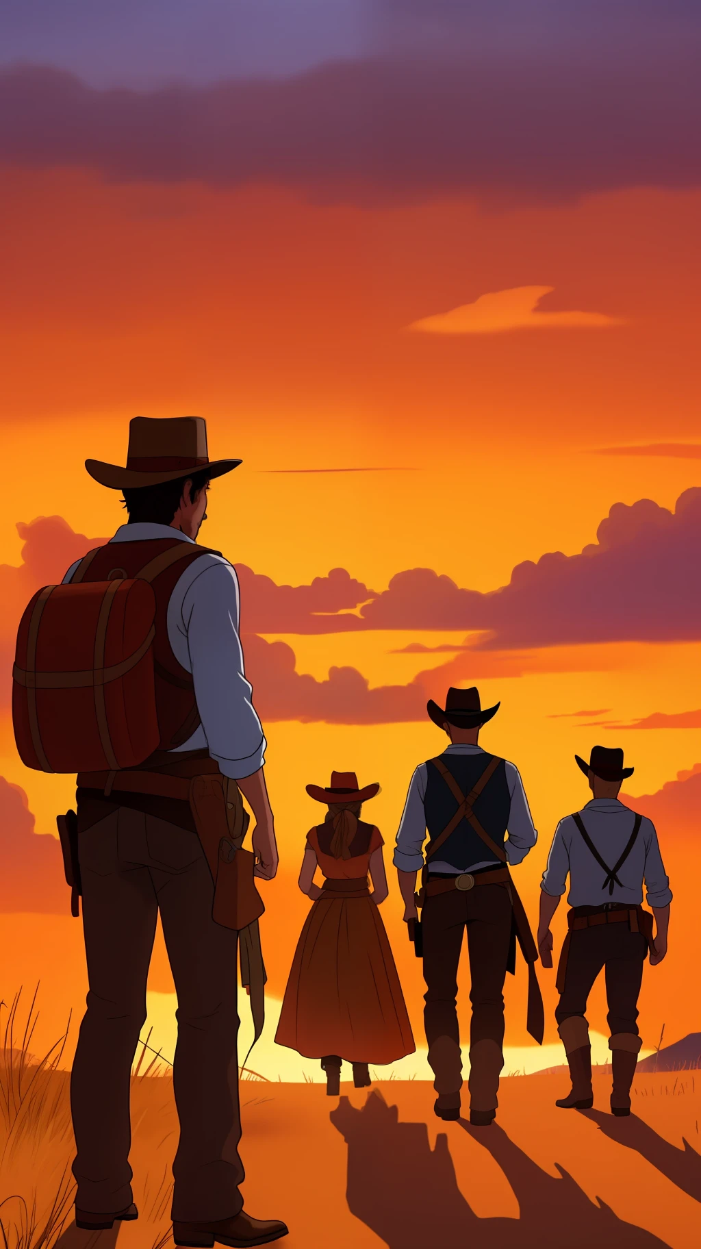 Wild West, four grown-ups with their backs to the horizon, a ager with their backs to the horizon, Red Dead Remdeption, orange skies