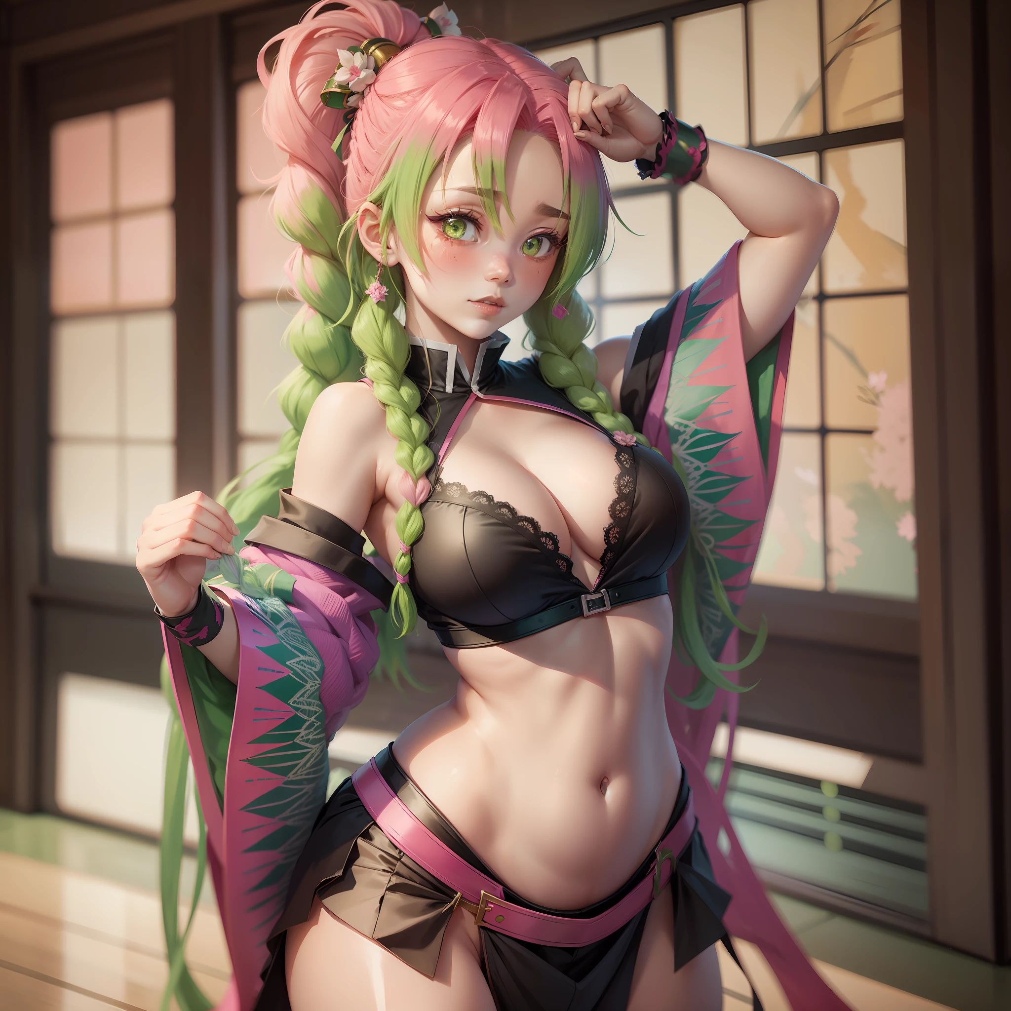 Mitsuri, Demon Slayer, Gradient Hair, Greenhair, Pinkhair, Braid, Dancer, Lace Clothes, Belly Dance