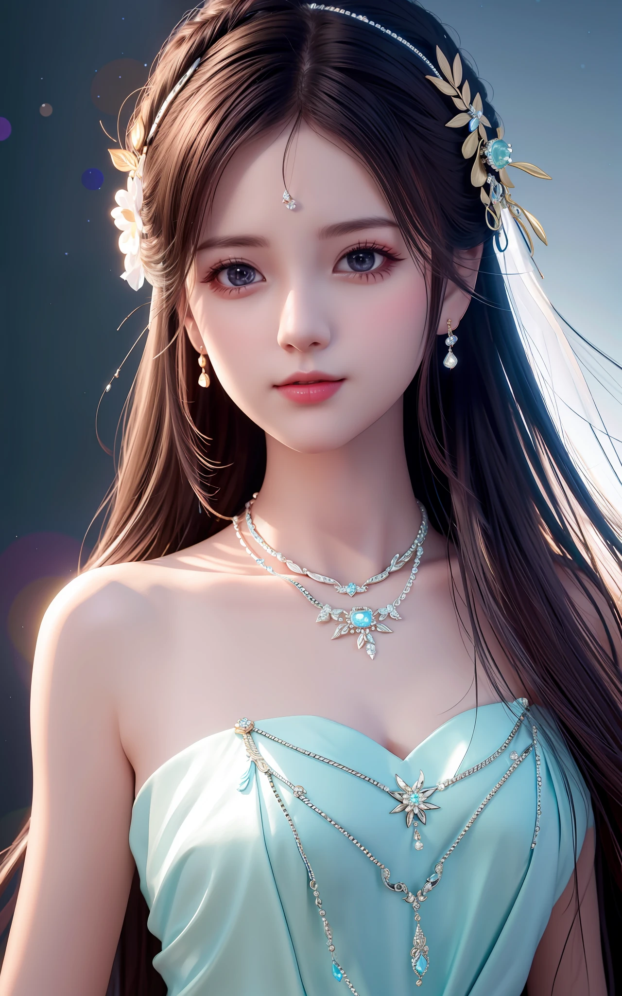 Best Quality, Masterpiece, High Resolution, 1girl, Porcelain Dress, Hair Accessories, Necklace, Jewelry, Beautiful Face, Physically, Tyndall Effect, Realistic, Dark Studio, Rim Lighting, Duotone Lighting, (High Detail Skin : 1.2), 8k uhd, dslr, soft light, high quality, volume light, candid, photo, high resolution, 4k, 8k, bokeh
