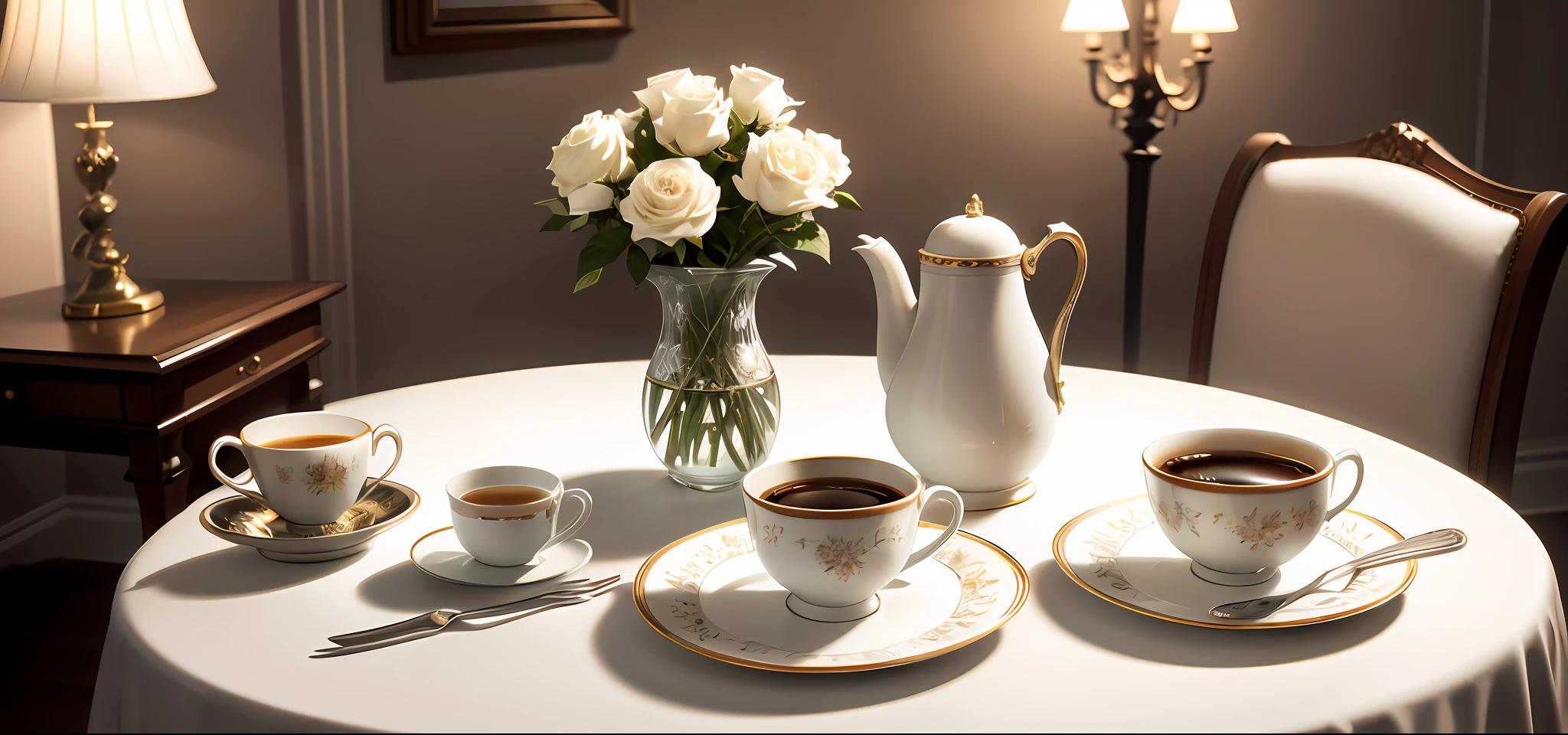 American coffee close-up, coffee detailed close-up, high-quality texture floral arrangement, crystal chandelier, light sofa side table, no saucer, light luxury, afternoon tea, white rose on table, white vase, simple color scheme, modern decoration, movie view, accurate rendering, realistic image, 8k, photo, large aperture, kodak perspective, bright tones, UHD, f1.8