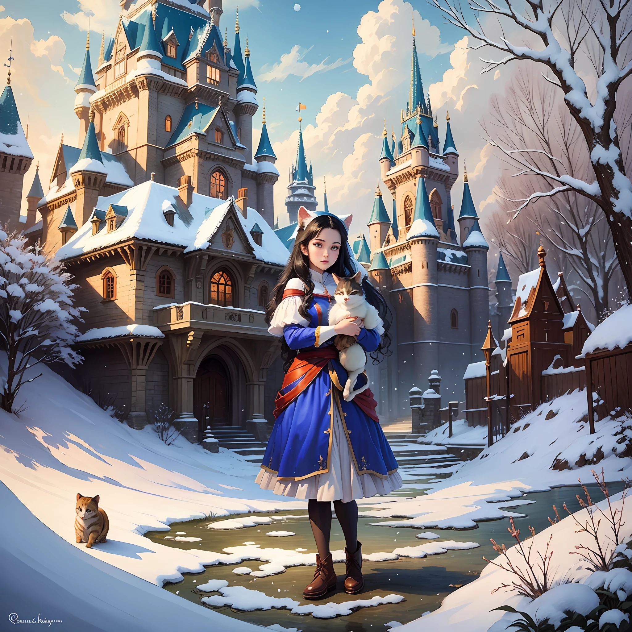 Snow White stands in front of the castle holding a cat, the cat is a tanuki cat, Disney style --auto --s2