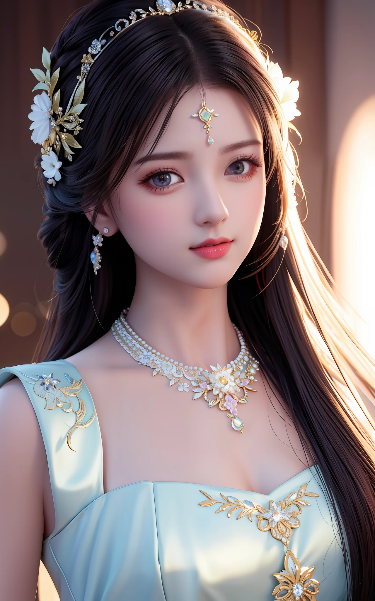 Best Quality, Masterpiece, High Resolution, 1girl, Porcelain Dress, Hair Accessories, Necklace, Jewelry, Beautiful Face, Physically, Tyndall Effect, Realistic, Dark Studio, Rim Lighting, Duotone Lighting, (High Detail Skin : 1.2), 8k uhd, dslr, soft light, high quality, volume light, candid, photo, high resolution, 4k, 8k, bokeh