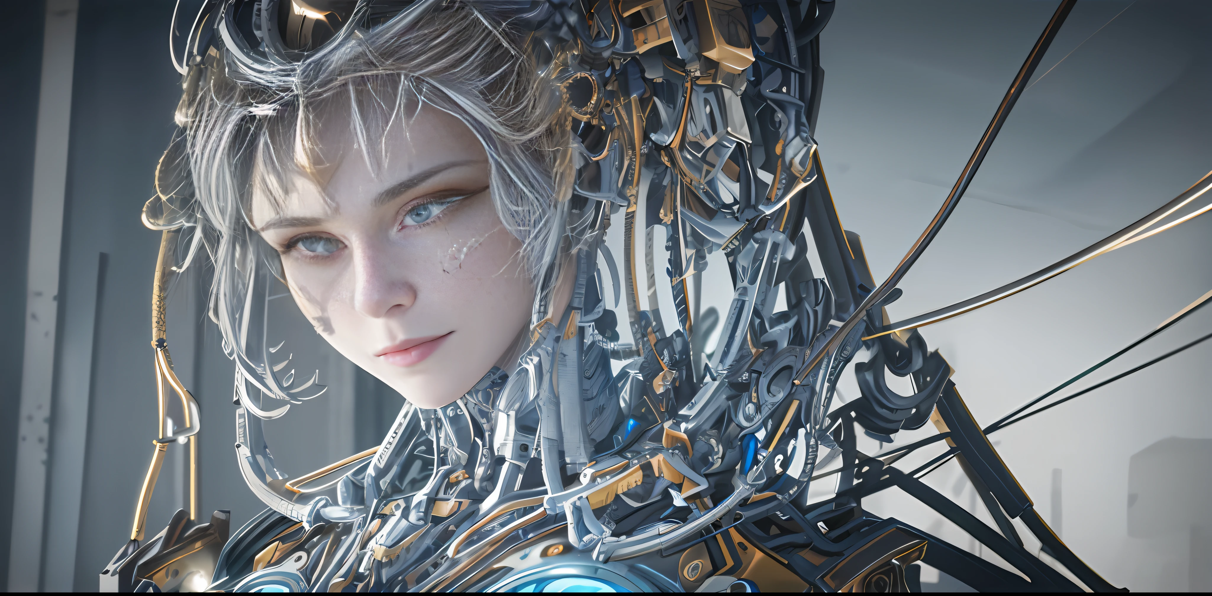 1mechanical girl,((ultra realistic details)), portrait, global illumination, shadows, octane render, 8k, ultra sharp,metal,intricate, ornaments detailed, cold colors, egypician detail, highly intricate details, realistic light, trending on cgsociety, glowing eyes, facing camera, neon details, machanical limbs,blood vessels connected to tubes,mechanical vertebra attaching to back,mechanical cervial attaching to neck,sitting,wires and cables connecting to head