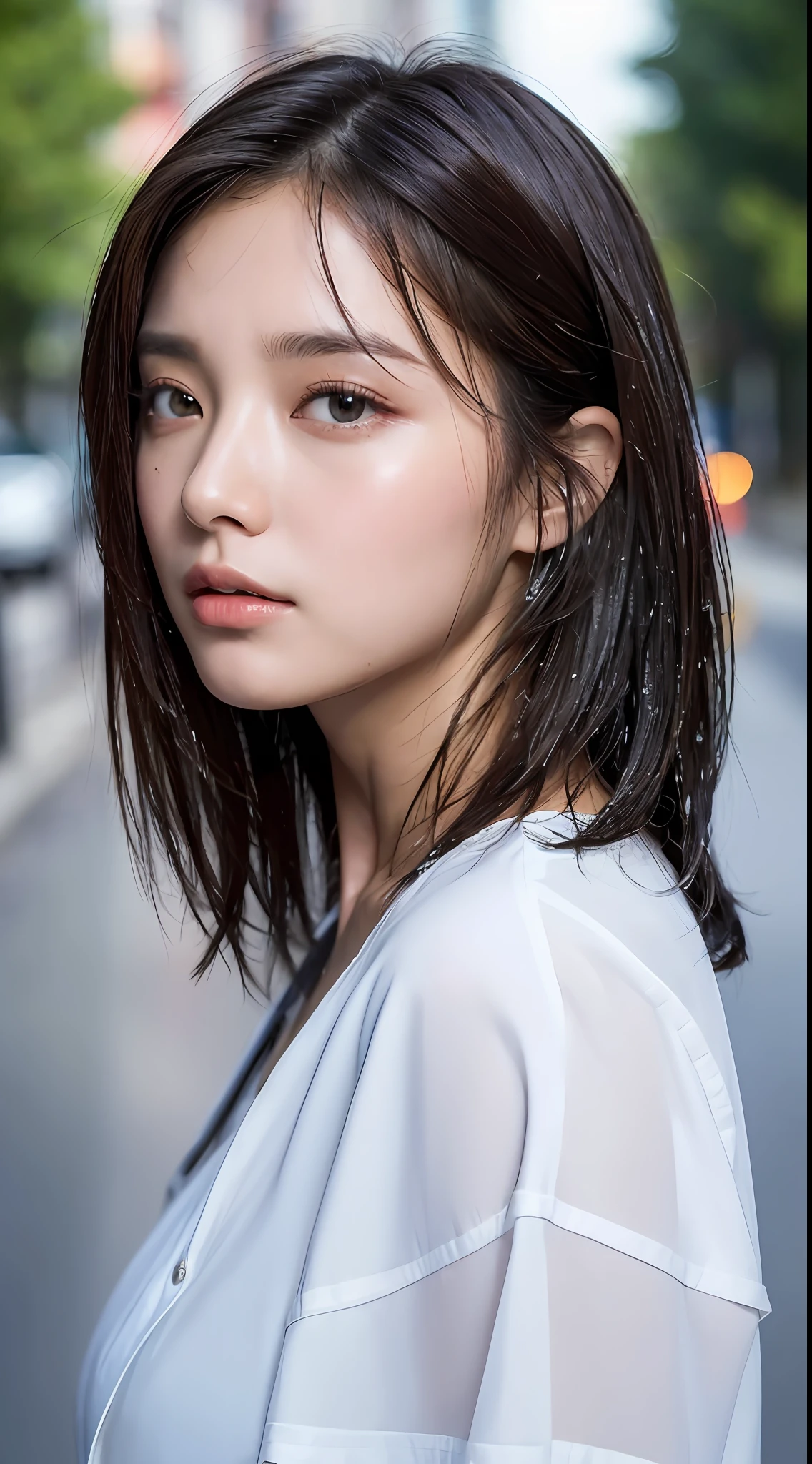 ((Best Quality, 8K, Masterpiece: 1.3)), Sharp: 1.2, Perfect Body Beauty: 1.4, Slim Abs: 1.2, ((Layered Hairstyle, Big Breasts: 1.2)), (Wet White Button Long Shirt: 1.1), (Rain, Street: 1.2), Wet: 1.5, Highly detailed face and skin texture, detailed eyes, double eyelids, side face looking at the camera