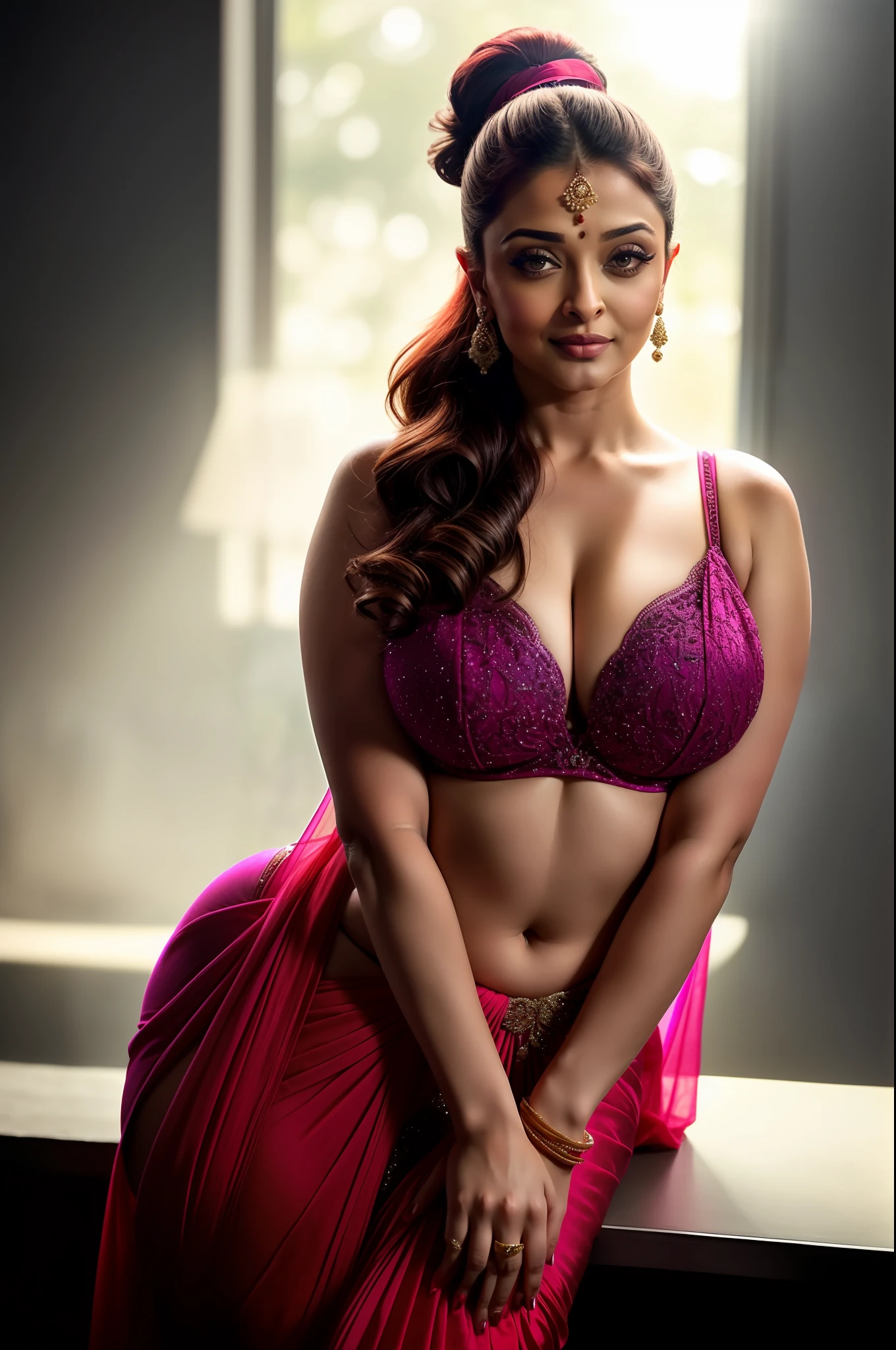 night scene, close up photo of a sexy aishwarya rai, posing, curvy body, wearing saree, large breasts, cleavage show, chubby cheeks, kneel down, look at a camera and smile, pink ponytail hair, (green eyes:0.8), cute young face, 18 yo, soft volumetric lights, (backlit:1.3), (cinematic:1.3), intricate details, (ArtStation:1.2)