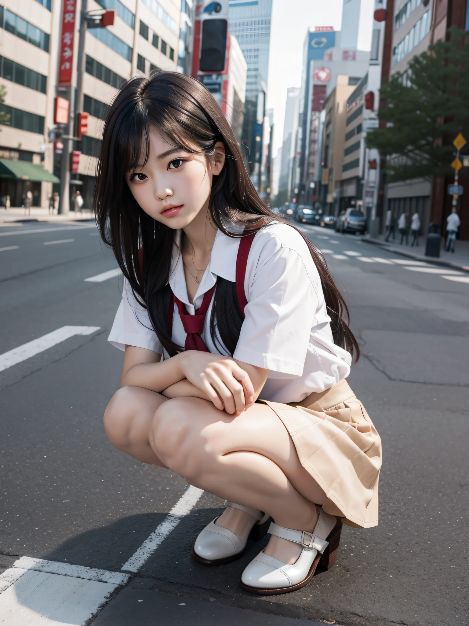 there is a young woman kneeling on the street with her legs crossed, anime girl in real life, portrait of a japanese teen, wearing japanese school uniform, a hyperrealistic schoolgirl, korean girl, japanese girl school uniform, ulzzang, realistic young gravure idol, young gravure idol, japanese school uniform, sitting on the ground, chiho