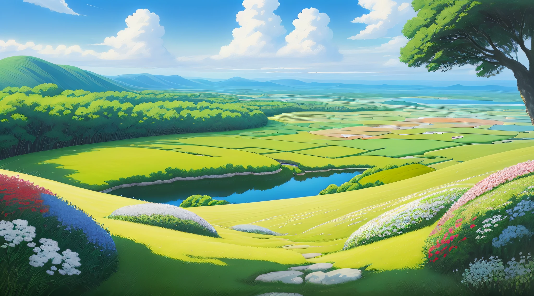Realistic, authentic, beautiful and amazing landscape oil painting Studio Ghibli Hayao Miyazaki's petal grassland with blue sky and white clouds --v6