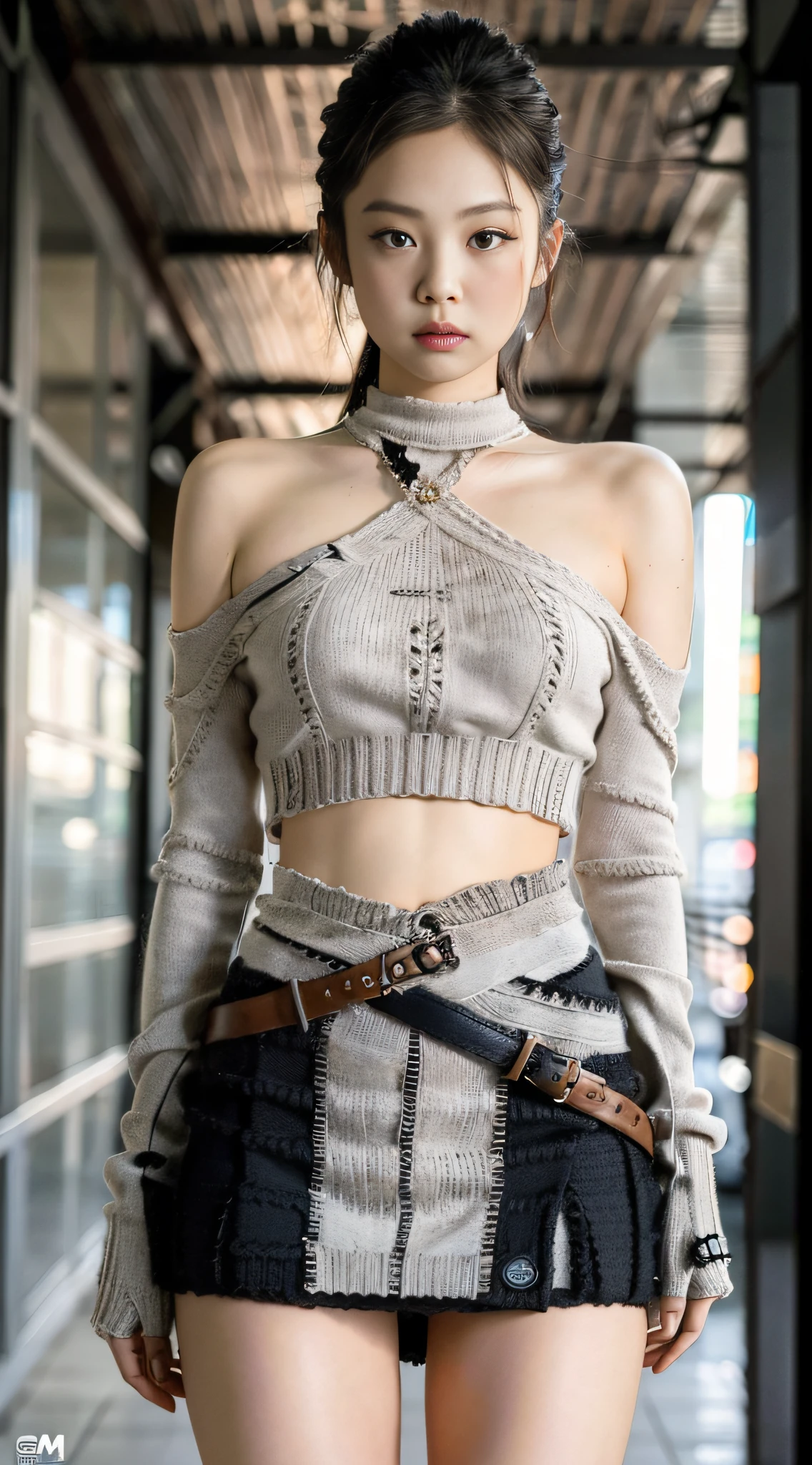 (1girl:1.3), Solo, __body-parts__, Kim Ji-ni Jennie Face, Kim Ji-ni Jennie Face, Kim Ji-ni Jennie Face, Knitted Gray Deconstructed Top, Knitwear, Knitted Skirt, Straps, Heroic Characters, Ruins, Full Body Shot, Gray-Black Tones, 8K Resolution Image, Intricate Symmetry Details. The whole picture is invincible and heroic, mainly a complete picture of a woman standing all over her body, with smooth movements and a confident expression.