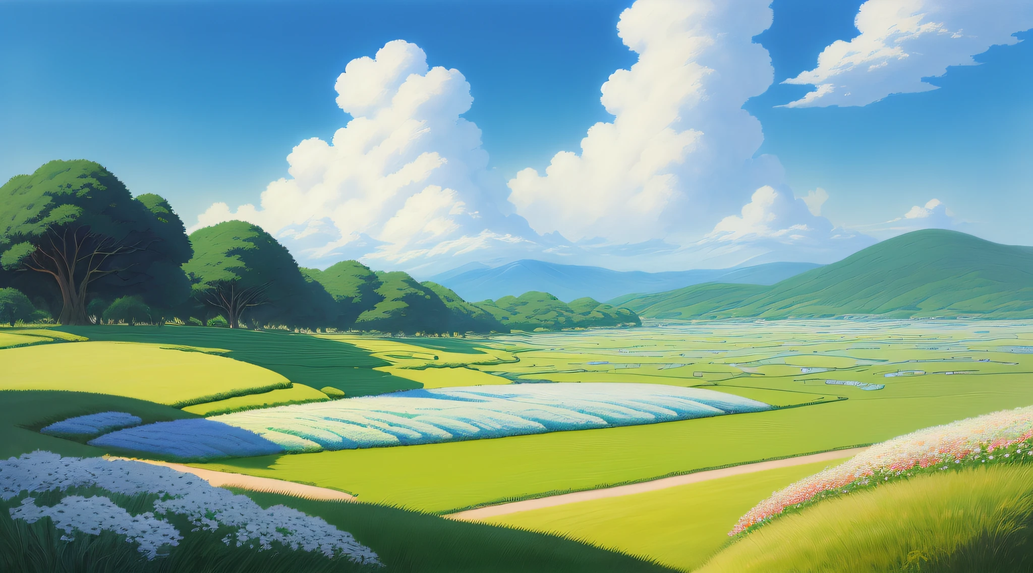 Realistic, authentic, beautiful and amazing landscape oil painting Studio Ghibli Hayao Miyazaki's petal grassland with blue sky and white clouds --v6