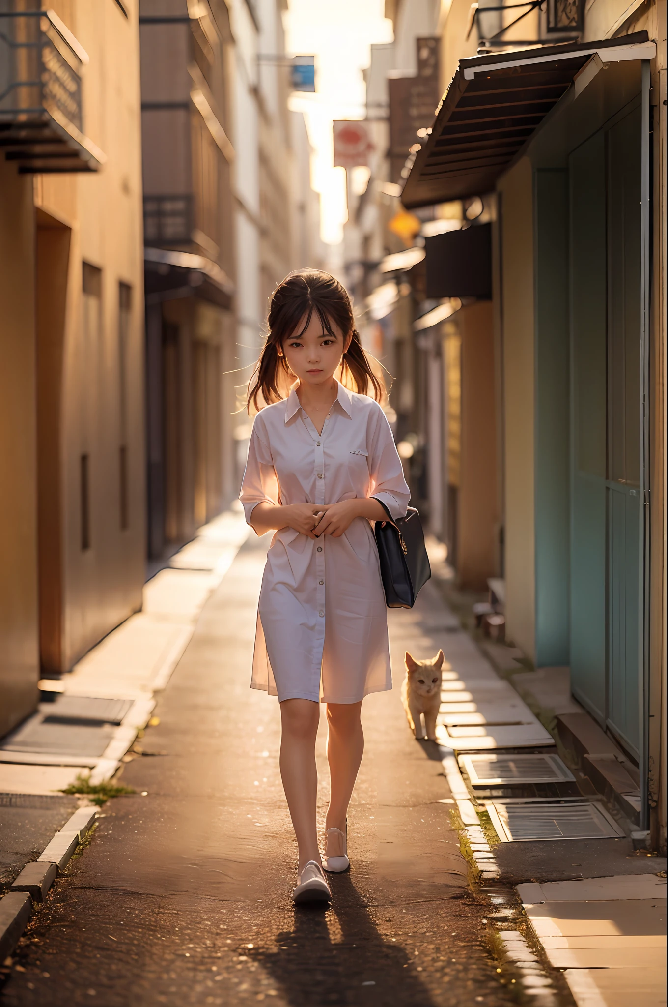 A 23-year-old girl, walking alone in an alley, coming home from get off work, wearing white office clothes, the top of her clothes is unbuttoned, looks tired and weak, her hair is a little messy, but there is a slight smile on her lips,It was just after the rain stopped, the floor of the alley was still very wet, there was a reflection of the girl's body on the floor, holding a briefcase, there is a cat on it, a trash can, and a few parked bicycles, the sunset rays look perfect with her golden light behind,  The sky is orange, but still blue on the closest side, the photo was taken from a lower corner close to the alley floor. ((Masterpiece,realistic,best quality))