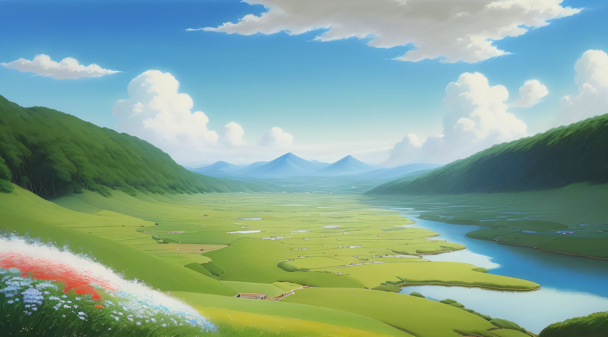Realistic, authentic, beautiful and amazing landscape oil painting Studio Ghibli Hayao Miyazaki's petal grassland with blue sky and white clouds --v6