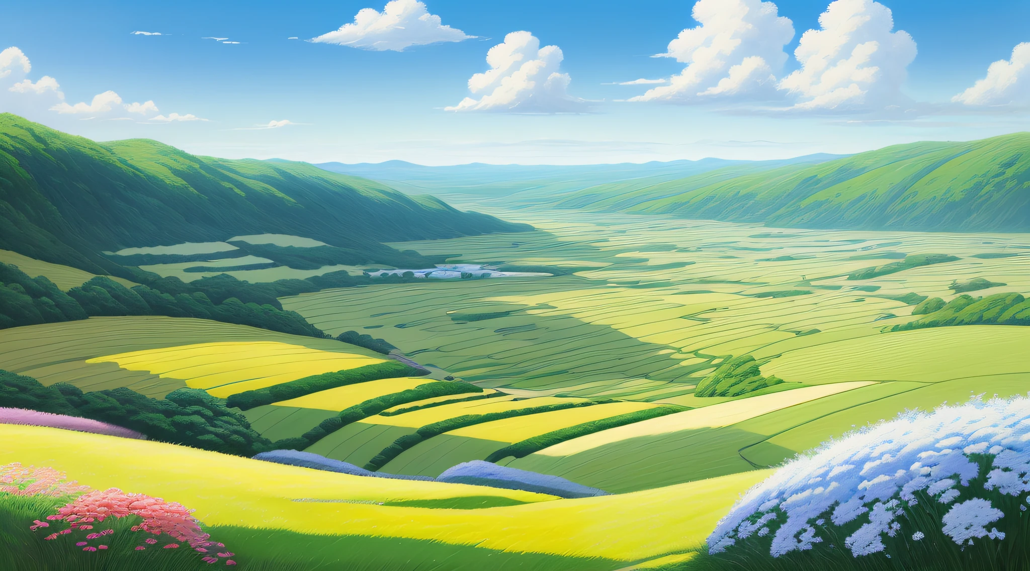 Realistic, authentic, beautiful and amazing landscape oil painting Studio Ghibli Hayao Miyazaki's petal grassland with blue sky and white clouds --v6