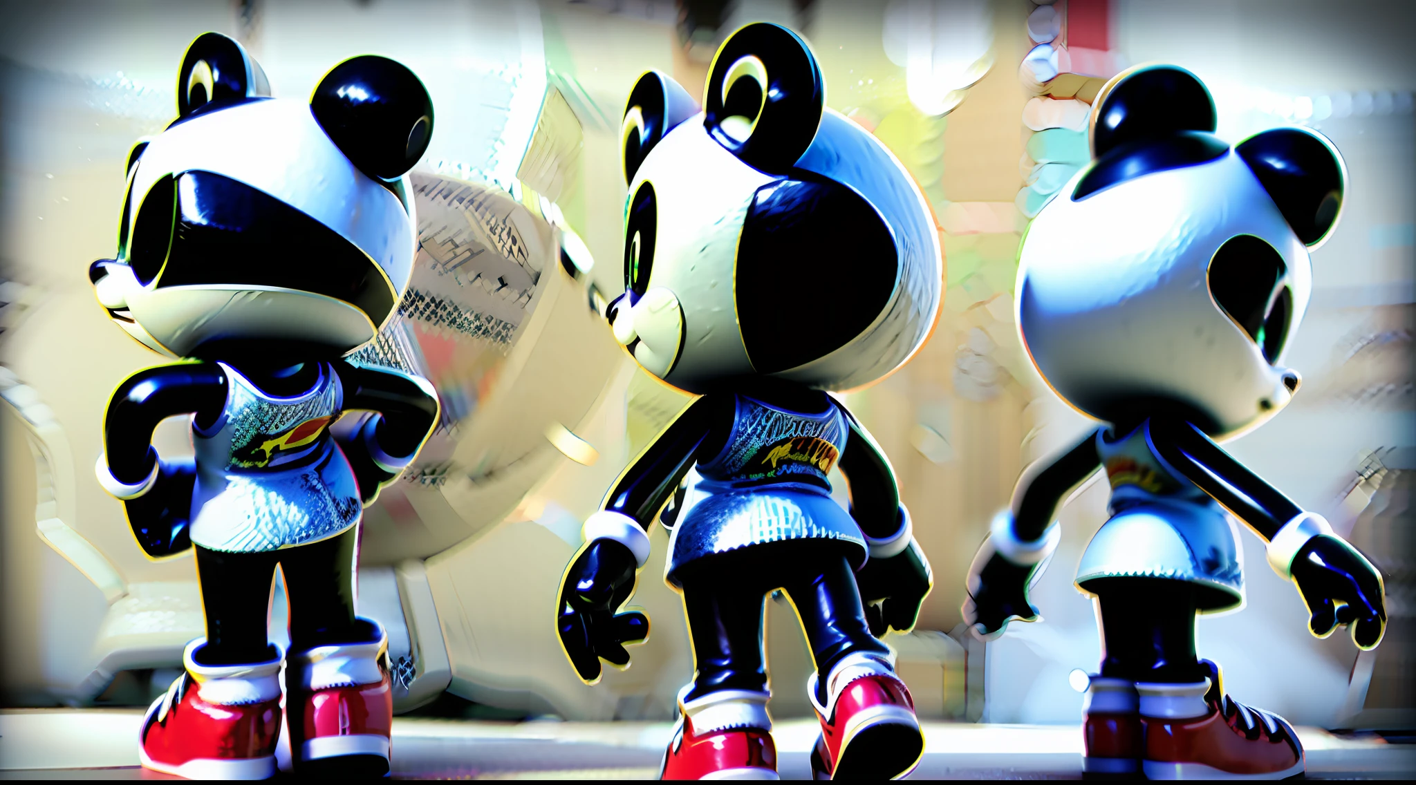 Panda, Q version blind box style, sportswear, loose pants, wearing headphones, clean background, natural light, full body, generate three three views, namely front view, side view, back view, maintain consistency and unity, best quality, hyper detail, 3D rendering, C4D, blender, oc, ultra HD, 8k,