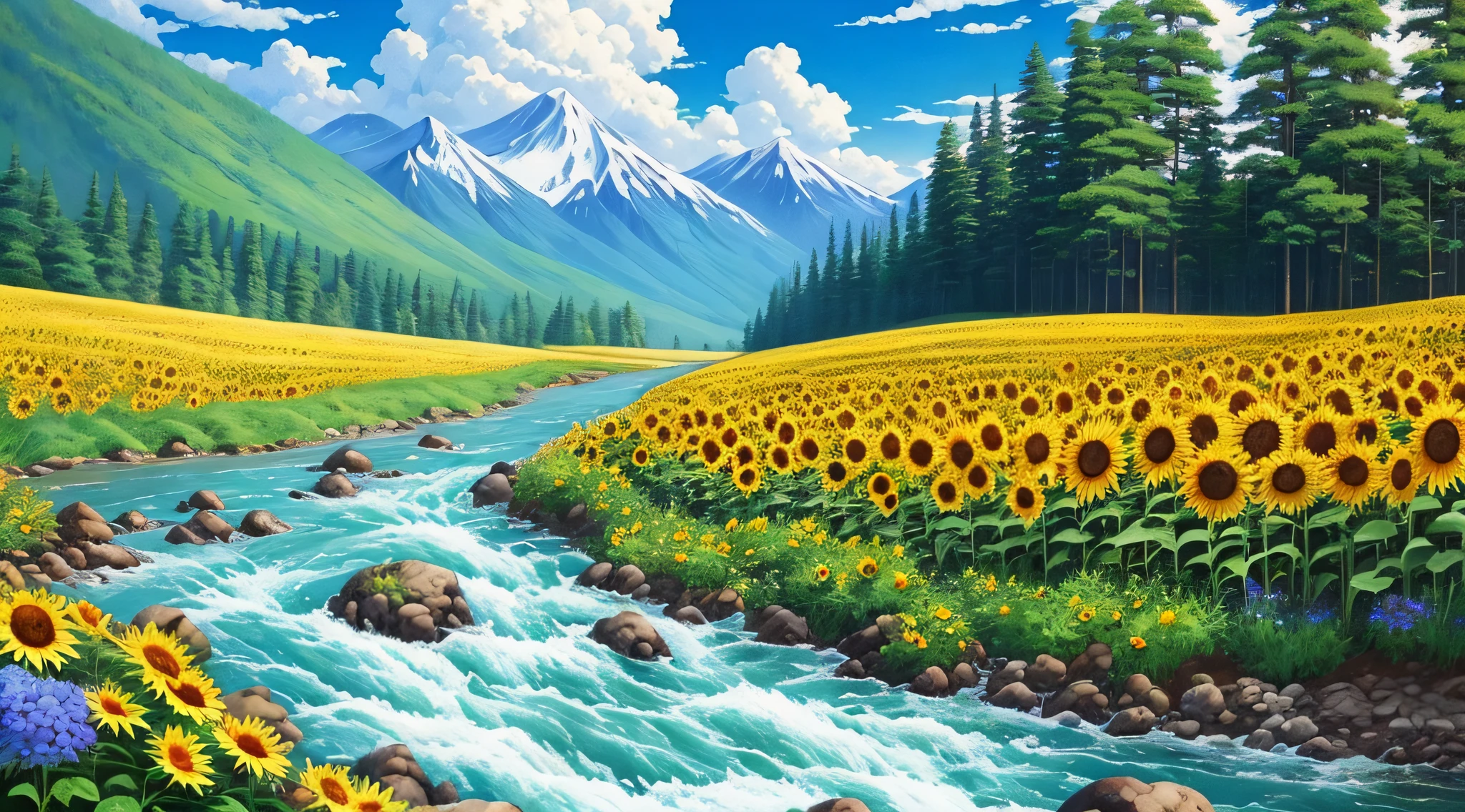 Realistic, real, beautiful and amazing landscape oil painting, Studio Ghibli, Hayao Miyazaki's, sunflowers, mountains, rivers blue sky and white clouds --auto --s2