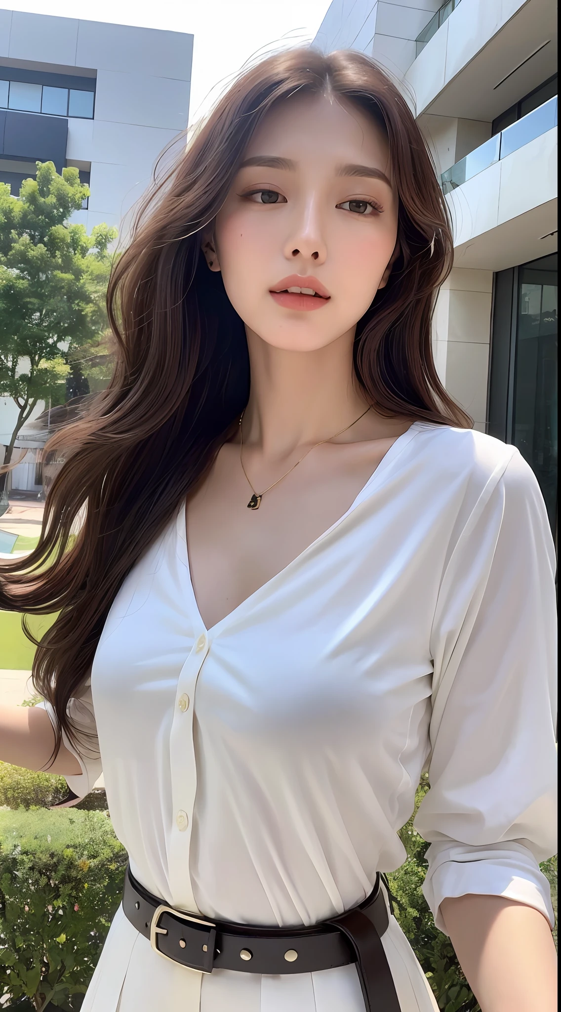 (Best quality, high resolution, masterpiece: 1.3), a tall and beautiful woman, slender abs, dark brown hair in loose wavy shape, not leaking breasts, wearing a pendant, white buttoned shirt, belt, black skirt, (modern architecture in the background), face and skin texture in beautifully presented details, detailed eyes, double eyelids