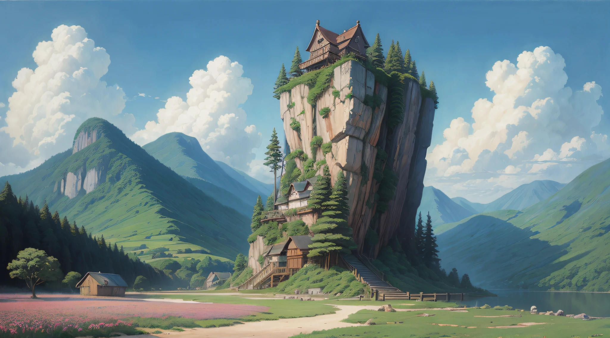 Realistic, real, beautiful and amazing landscape oil painting, Studio Ghibli, Hayao Miyazaki's,