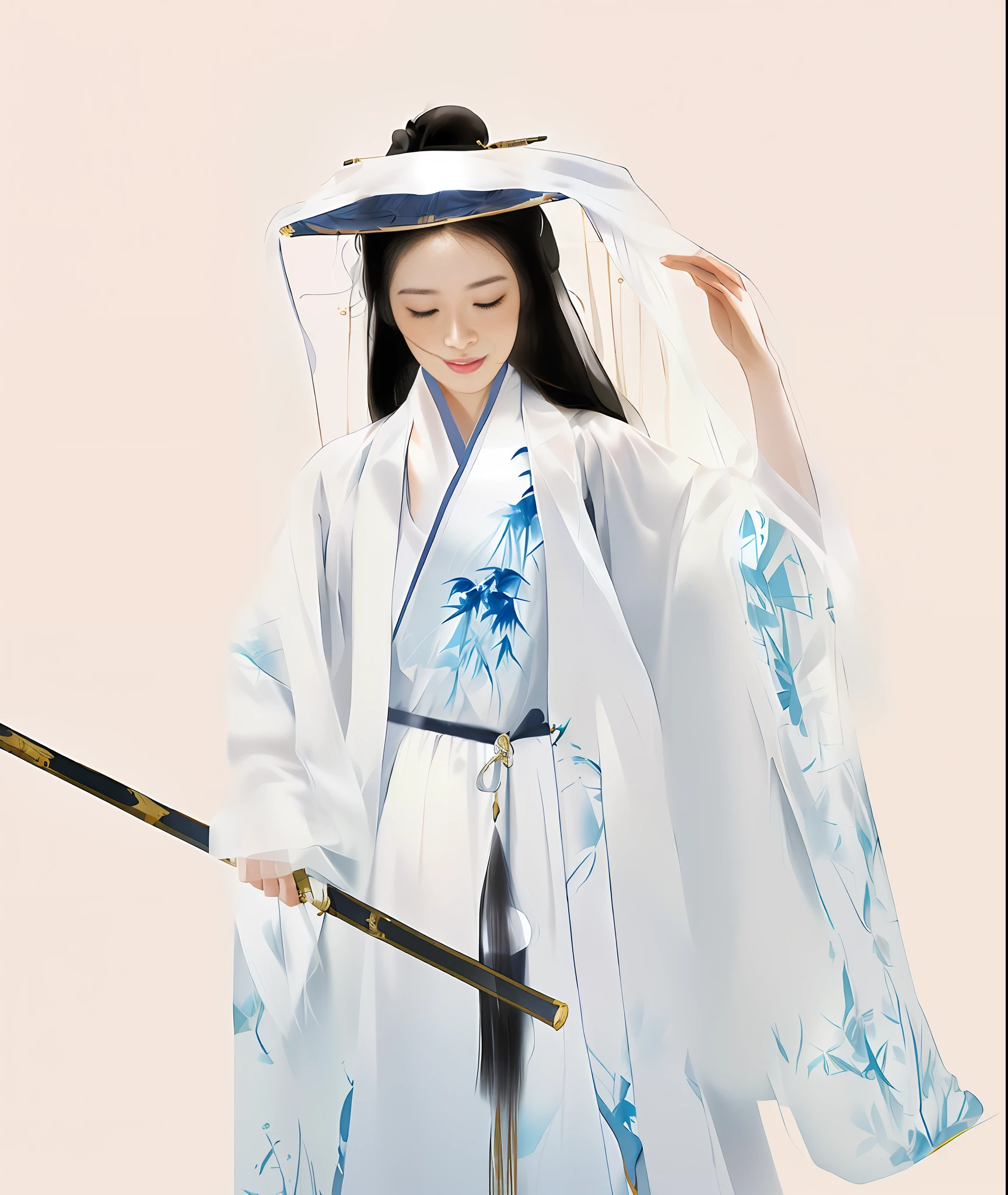 (masterpiece),(best quality),Unified 8K Wallpapers,Ultra Detailed,(fractal art:1.2), Anime,
1 girl, black hair, bamboo leaves, Chinese clothing, closed eyes, facing the audience, long hair, long sleeves, solo, sword, weapon, white Hanfu, long sleeves, solid background,