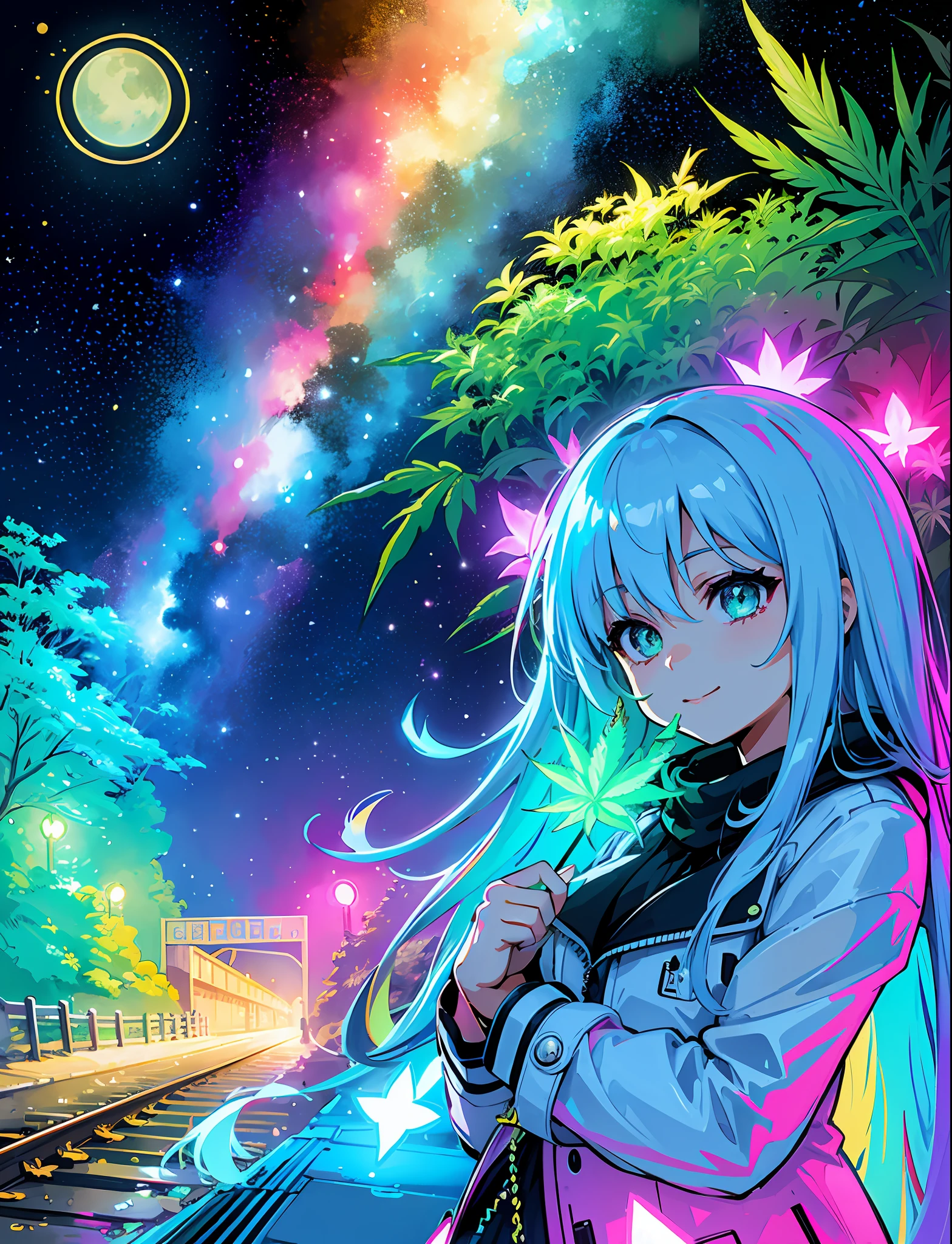 A steep chic train on a wet road. ,neon lights, neon galaxies, huge crystal moon, starry sky,,happy, peaceful, , in love Hemp, leaf,?????????,????????,((illustration)), colorful, wallpaper, energy, secret,
