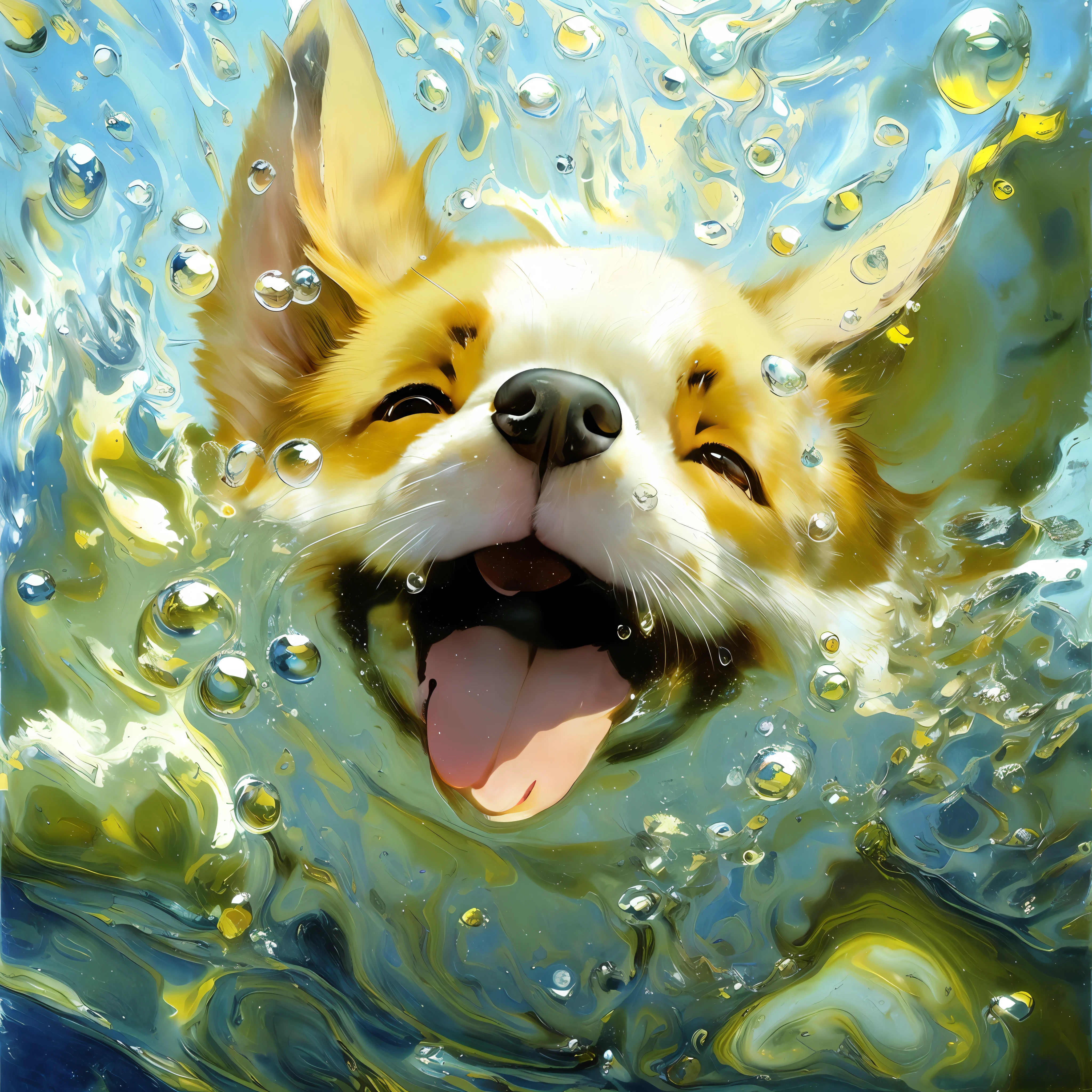 A small corgi swimming underwater, eyebrows, smile, fantasy in Katsuhiro Otomo style, rendering style in realistic hyper-detail, glow, yellow blue, ultra-realistic oil painting, head close-up, exaggerated perspective, Tyndall effect water drops, pearlescent mother-color, holographic white, realistic--s400