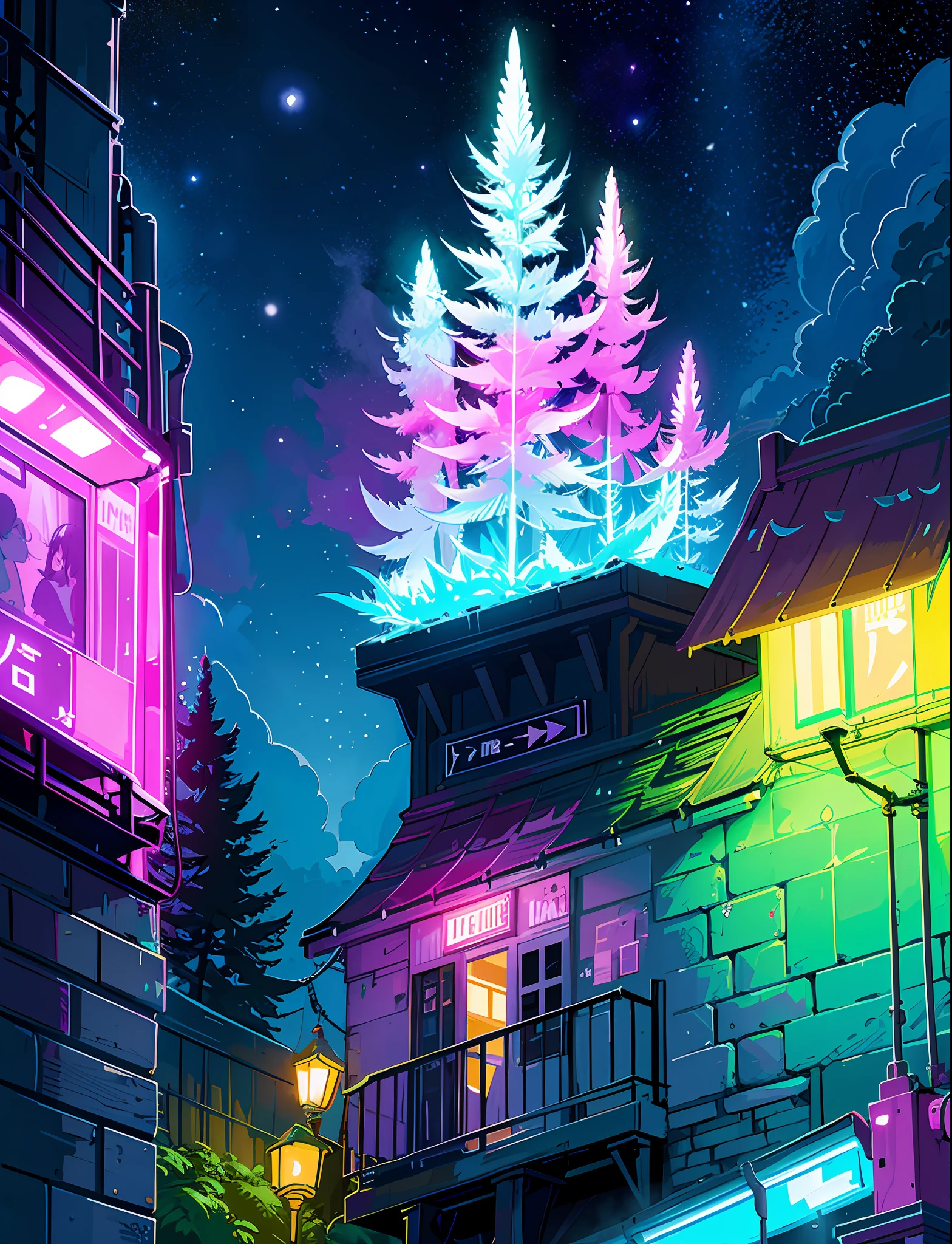 A steep chic train on a wet road. ,neon lights, neon galaxies, huge crystal moon, starry sky,,happy, peaceful, , in love Hemp, leaf,marijuana,cannabis,((illustration)), colorful, wallpaper, energy, secret,