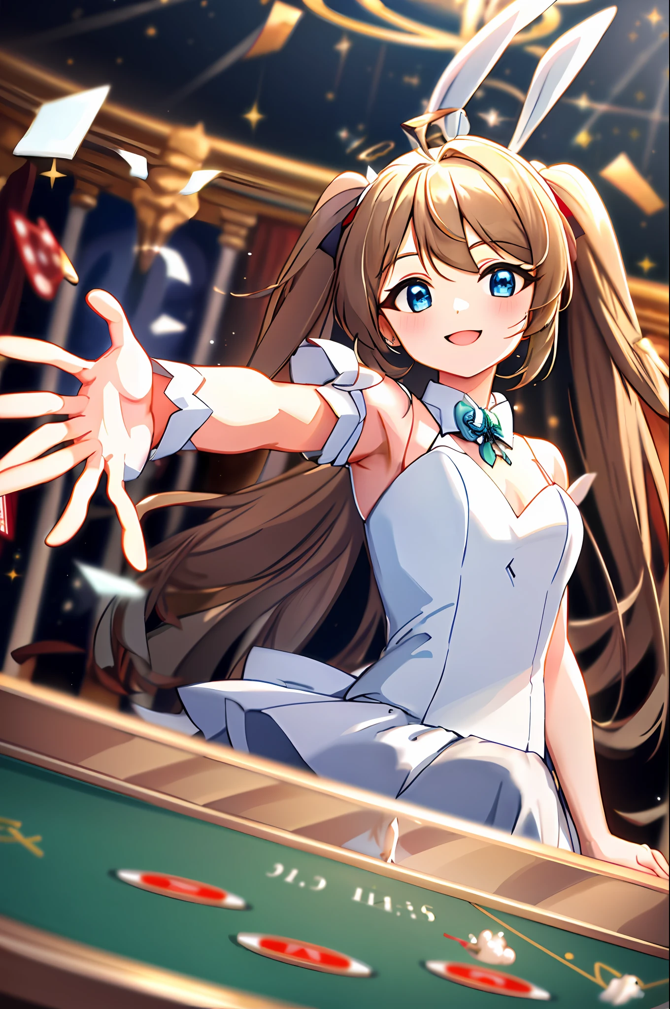 masterpiece, top quality, smile, halo, white dress, wing hair ornament, angel, goddess, reaching out to viewer, romantic casino interior, people playing roulette, bunny girl, gambling, landscape, overall blur