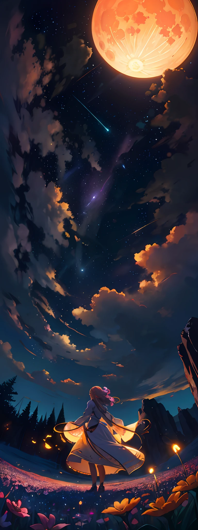 Vast landscape photo, (viewed from below, the sky is above and the open field is below), a girl standing on a flower field looking up, (full moon: 1.2), (meteor: 0.9), (nebula: 1.3), distant mountains , Trees BREAK Crafting Art, (Warm Light: 1.2), (Fireflies: 1.2), Lights, Lots of Purple and Orange, Intricate Details, Volumetric Lighting, Realism BREAK (Masterpiece: 1.2), (Best Quality), 4k, Ultra-Detailed, (Dynamic Composition: 1.4), Very Detailed, Colorful Details, (Rainbow Colors: 1.2), (Glow Lighting, Atmospheric Lighting), Dreamy, Magical, (Solo: 1.2)