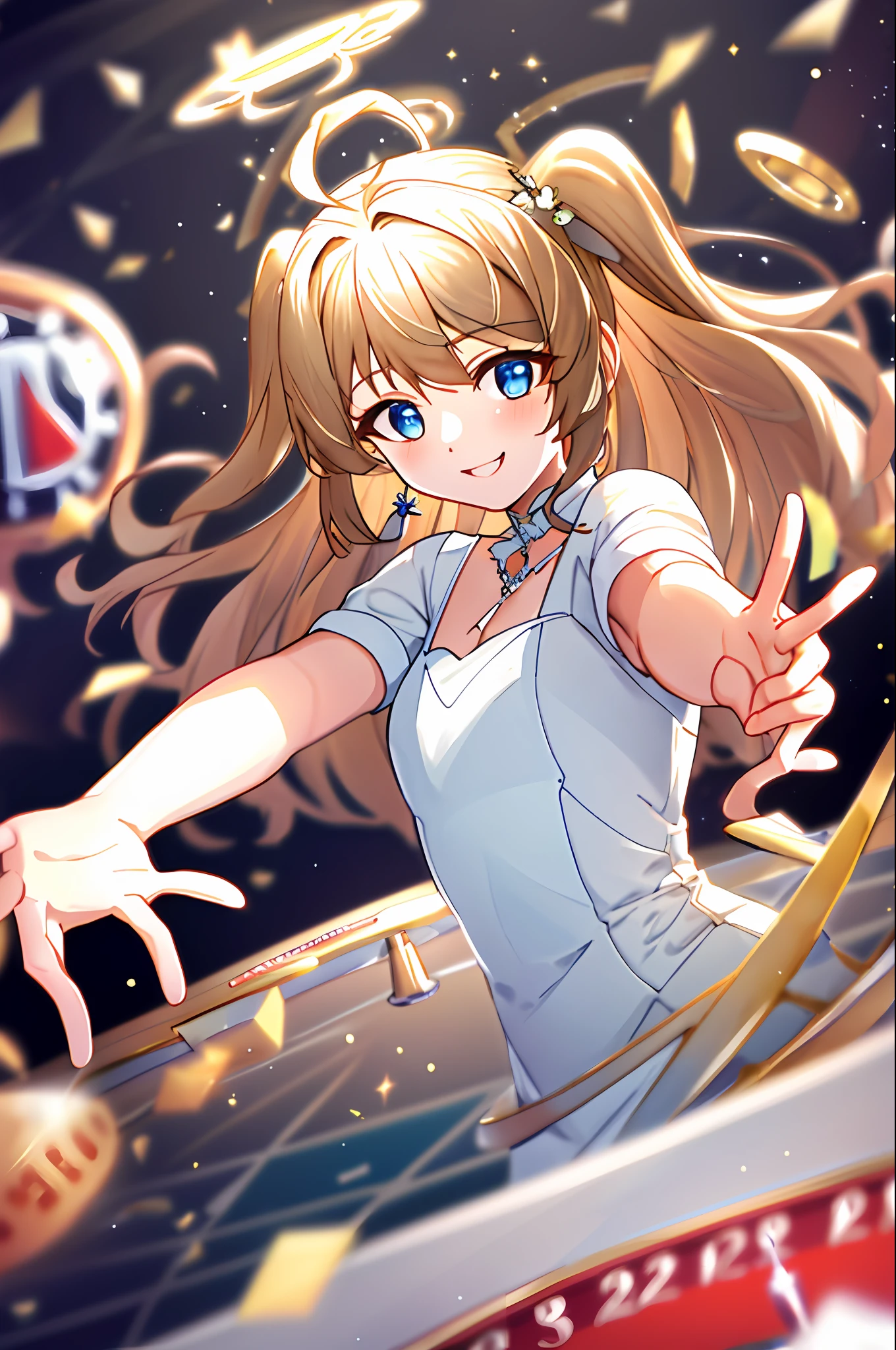 masterpiece, top quality, smile, halo, white dress, wing hair ornament, angel, goddess, reaching out to viewer, romantic casino interior, people playing roulette, bunny girl, gambling, landscape, overall blur