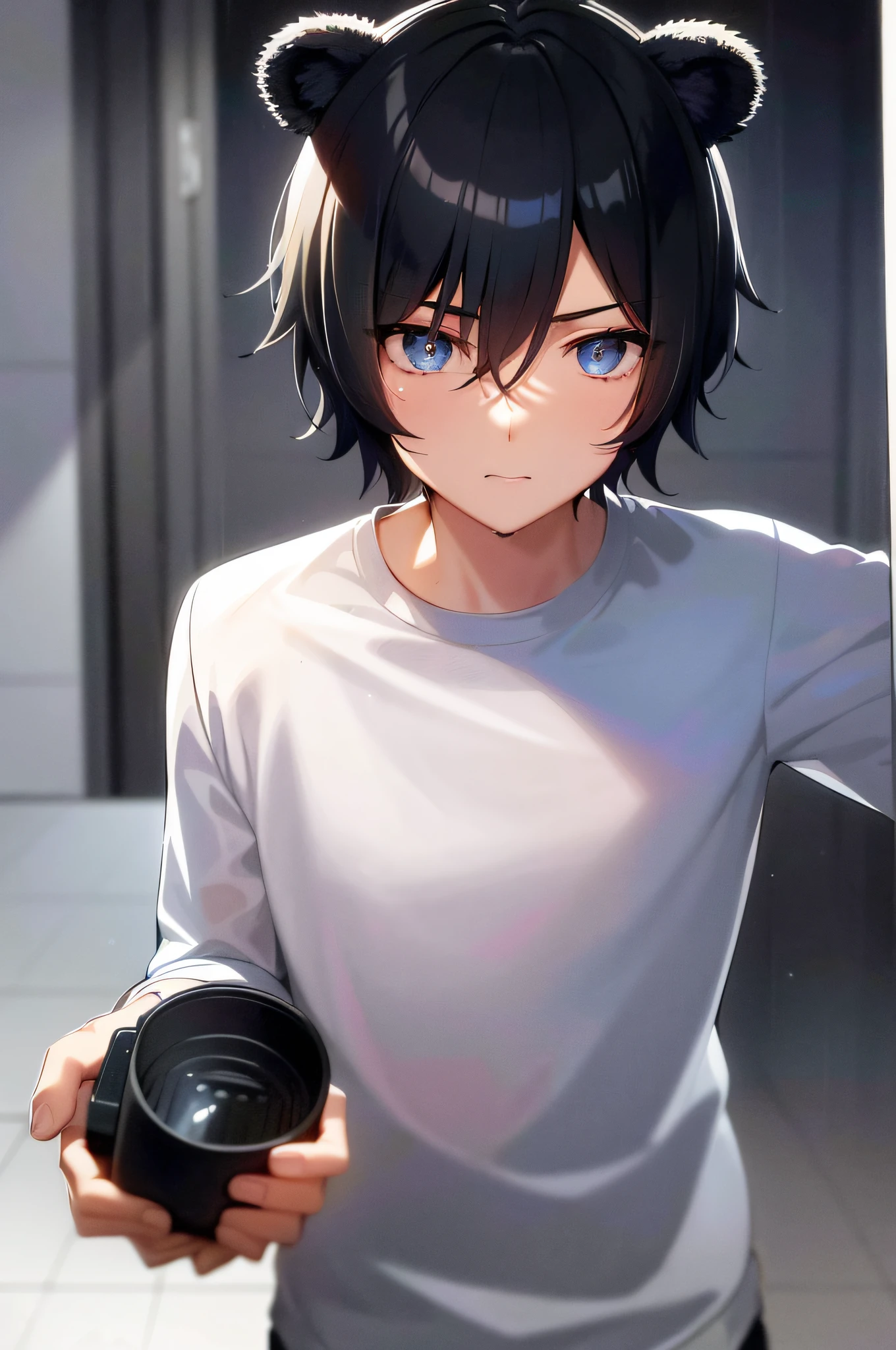 ((A male:1.2)), ((boy:1.2)), first-person view, upper body, cold light, blue_eyes, (bear ears:1.2), hair_between_eyes, (Zaffre eyes color:1.1), (catching a cute robot toy:1.2), (short hair:1.5), (excited:1.2), looking_at_viewer, male_focus, short_hair, (the idealism of the future world:1.2), (clean background trending:1.5), rain, wet hair, styled with a captivating hairdo, accentuated with bangs and hair between eyes, highlighting his distinctive and stylish black and short hair,     this dynamic composition expertly showcases his strong male focus, in a manner that captivates and intrigues viewers