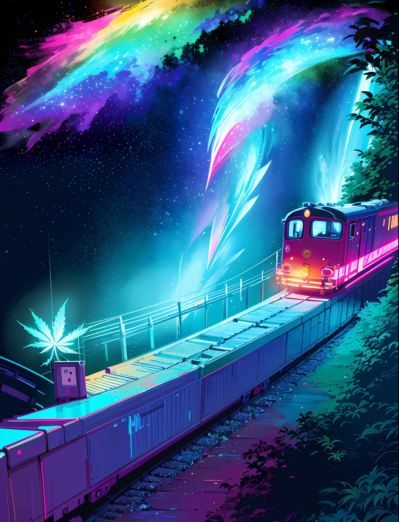 A steep chic train on a wet road. ,neon lights, neon galaxies, huge crystal moon, starry sky,,happy, peaceful, , in love Hemp, leaf,marijuana,cannabis,((illustration)), colorful, wallpaper, energy, secret,