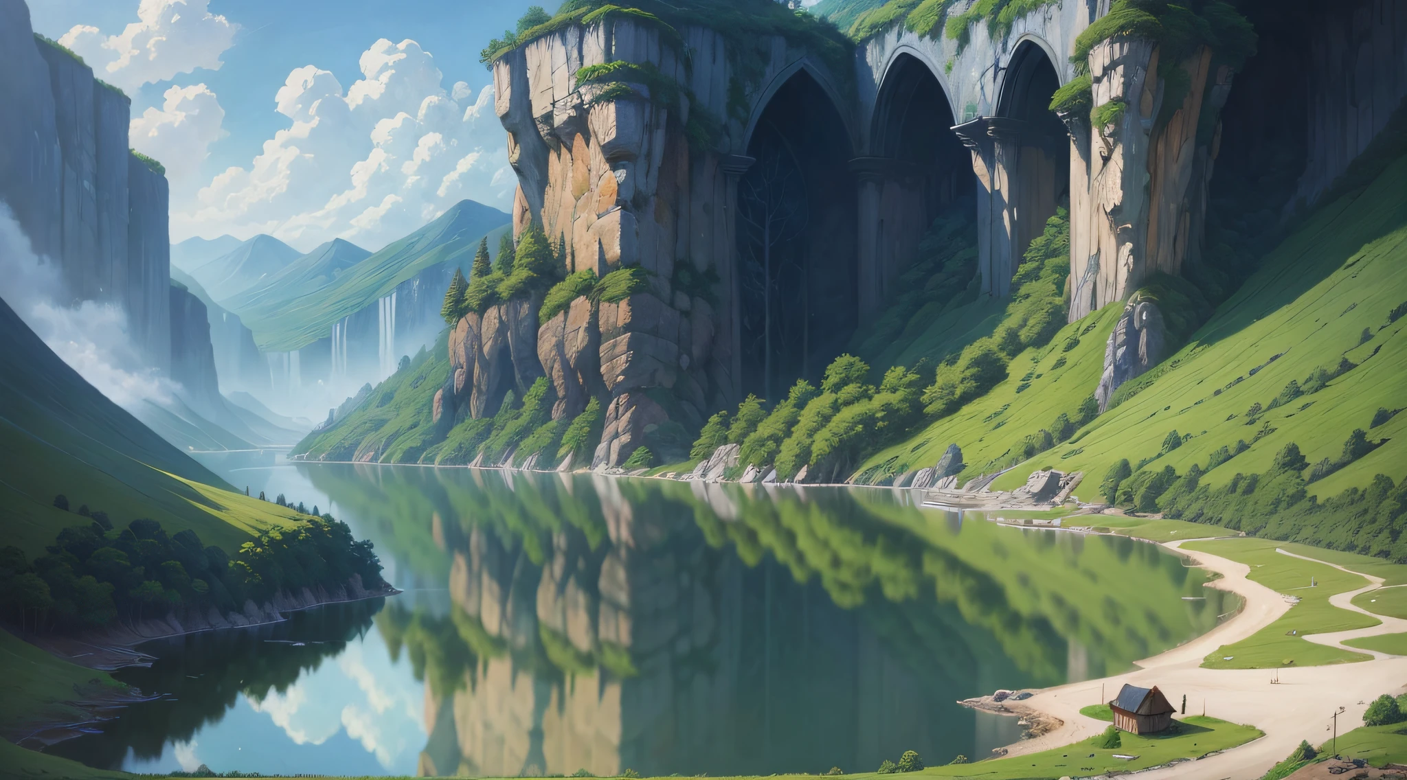 Realistic, real, beautiful and amazing landscape oil painting, Studio Ghibli, Hayao Miyazaki's,
