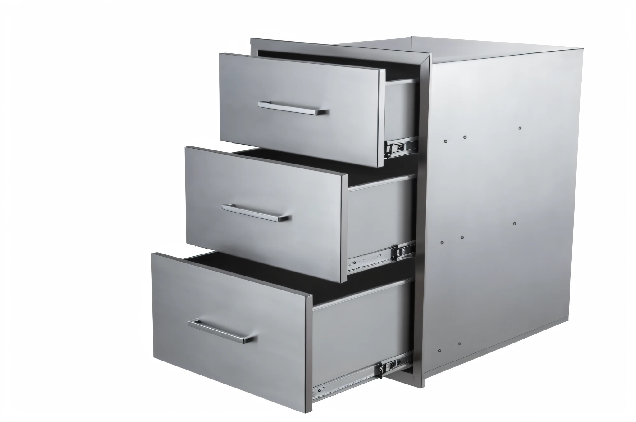 there is a metal cabinet with three drawers on it, 3 - piece, modular item, cabinets, made of brushed steel, trinity, series, stainless steel, exquisite detail, multi - level, product photo, radiant, 3 doors, modular, regular build, cabinet furniture, superior, product introduction photo, circular, oz series, versatile, 3 0 0 mm