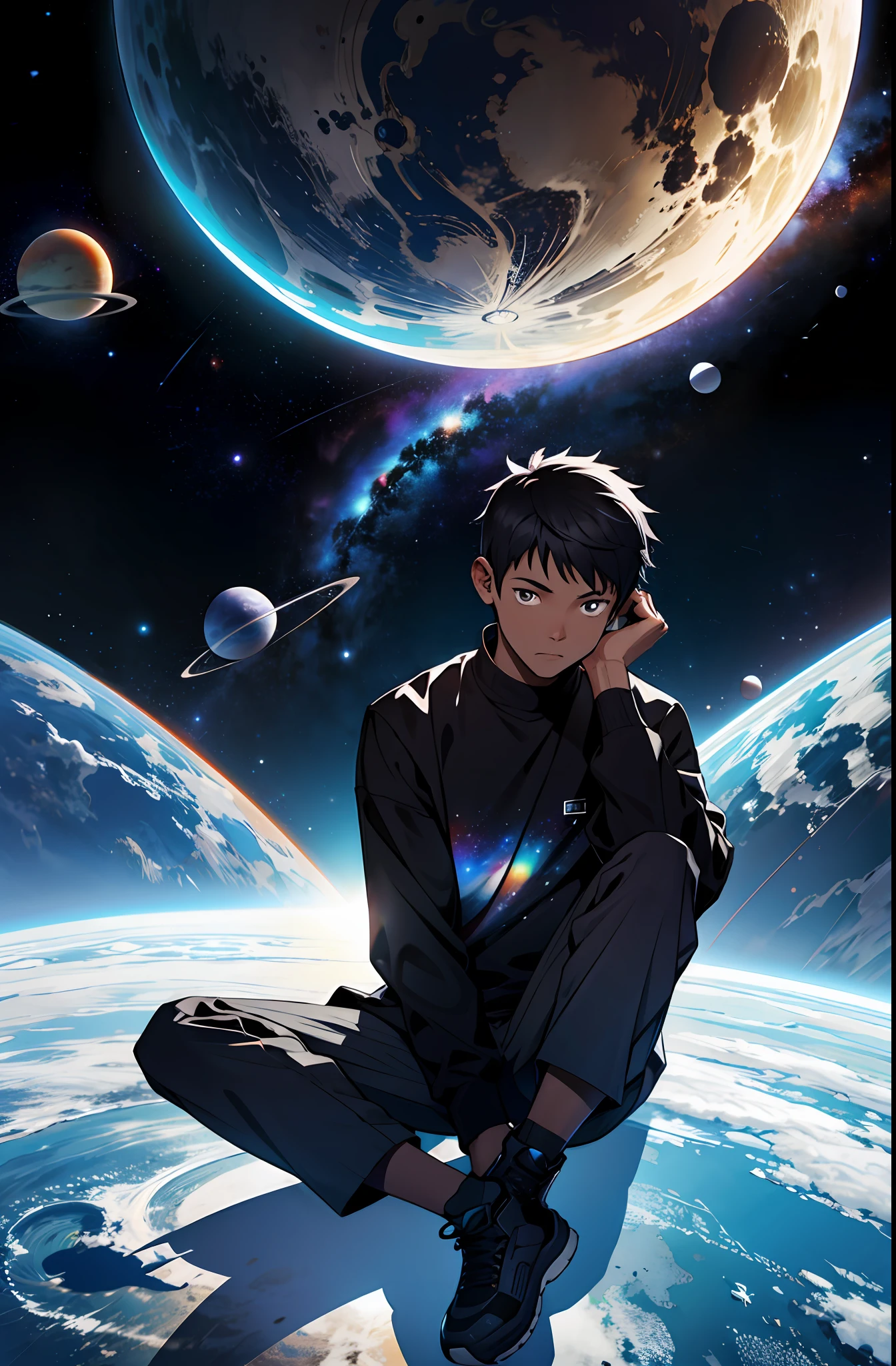 black boy, looking at space, sitting, planets, galaxy
