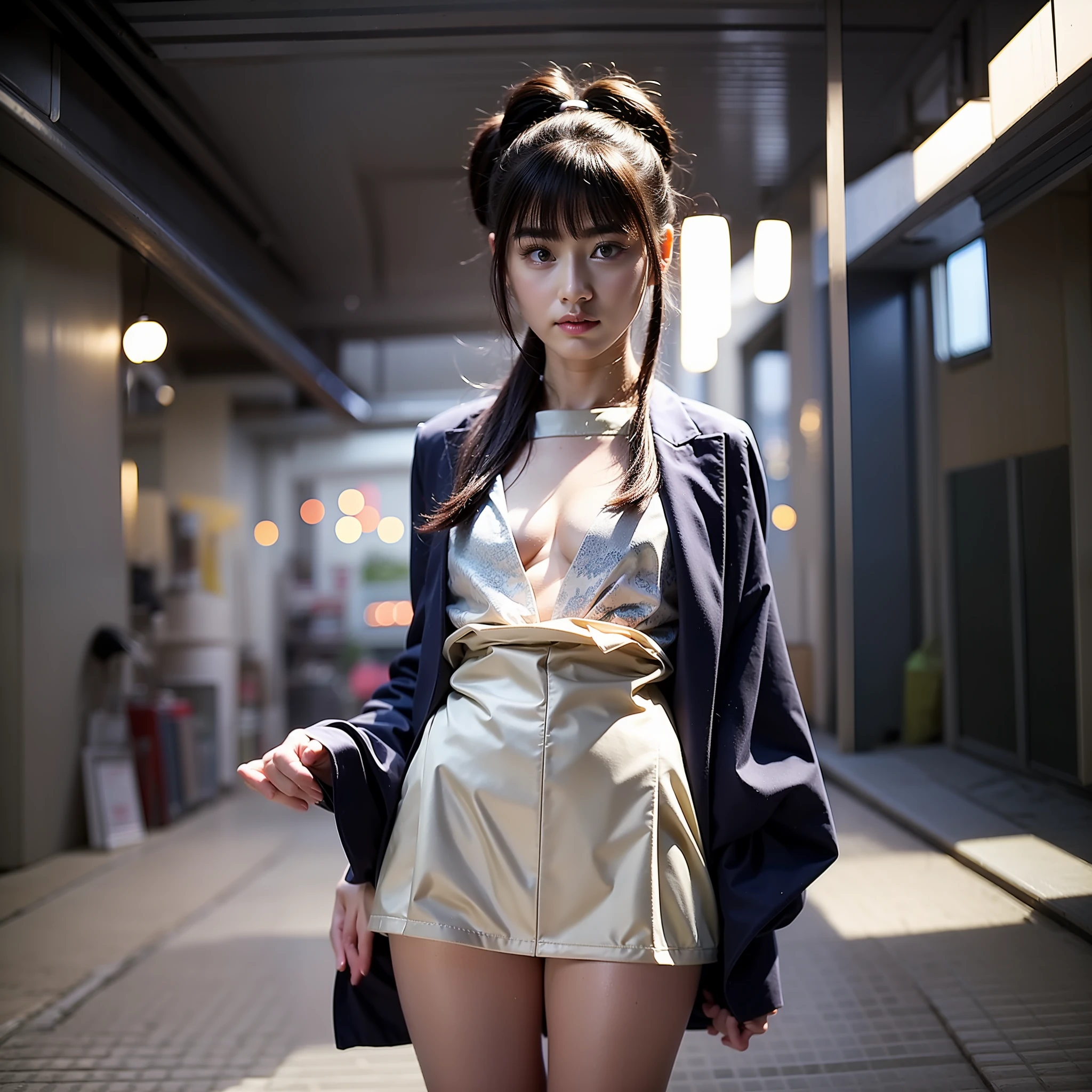 Installed indoors, Young Japan woman in thin summer clothes in front of film set, Small tits, No makeup, No makeup, Suppin, Chroma key shooting, Photography equipment, Instagram Post A Photo of A Japanese teenager girl wear light with pale skin stands atop Tokyo highly roof on top, gazing upon a city silenced and darkened by a blackout city, with a star-filled night sky providing the dark city, in nothing illumination. he full-body portrait is photorealistic and sharply focused, showcasing a vintage aesthetic akin to an Instagram filter. The professional lighting highlights her glossy skin and the high-quality rendering, Best Quality, Realistic, Photorealistic, Best Quality, Masterpiece, Very Delicate and Beautiful, Very Detailed, (selfie:1.2), Fine Detail, Ultra Detail, High Resolution, Very Detailed, Real, Ultra High Definition, Best Quality, Ultra High Definition, (Realistic:1.4), High Quality Textures
